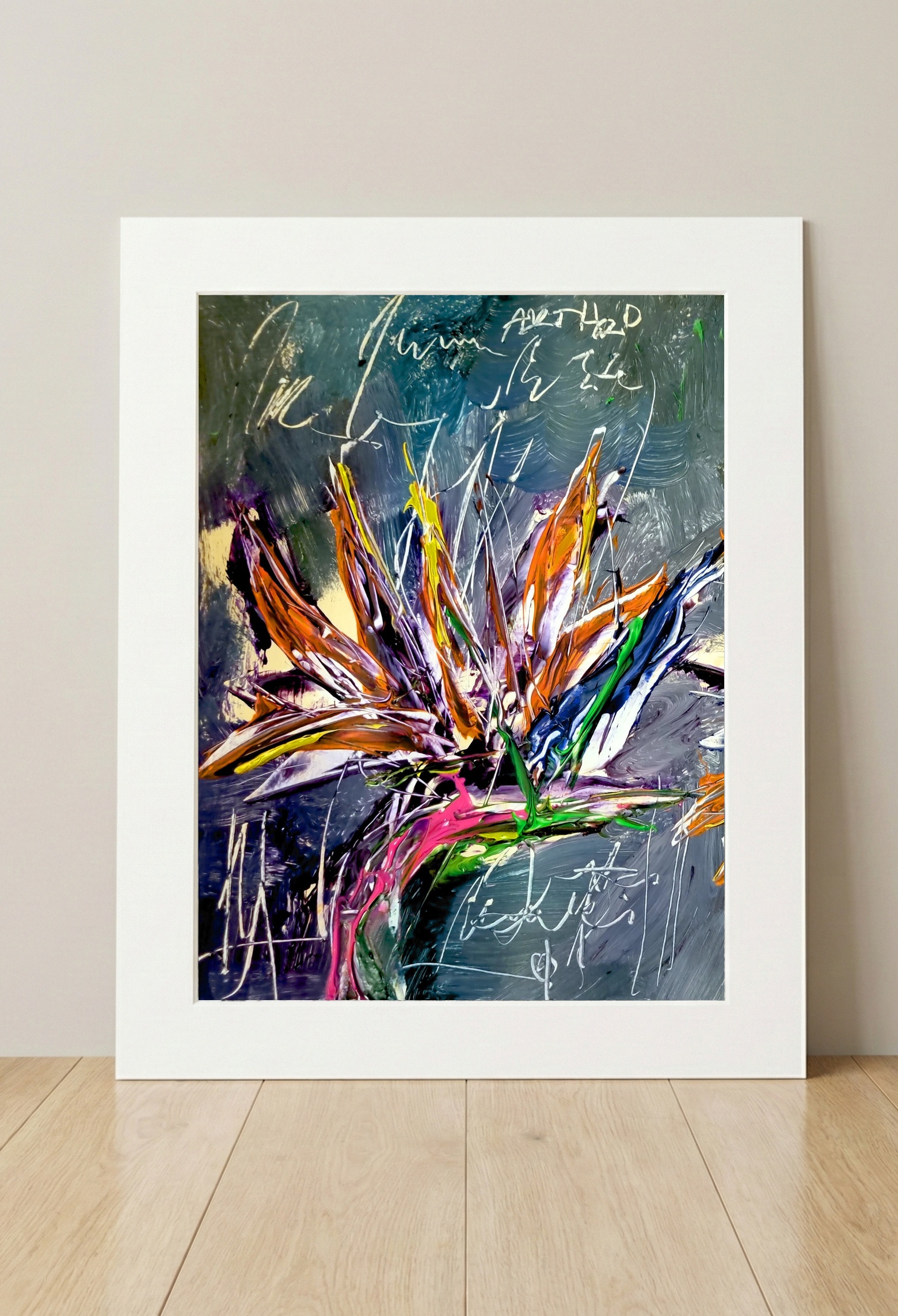 Electric Orange and Purple Bird of Paradise — art on the wall, room interior preview 3