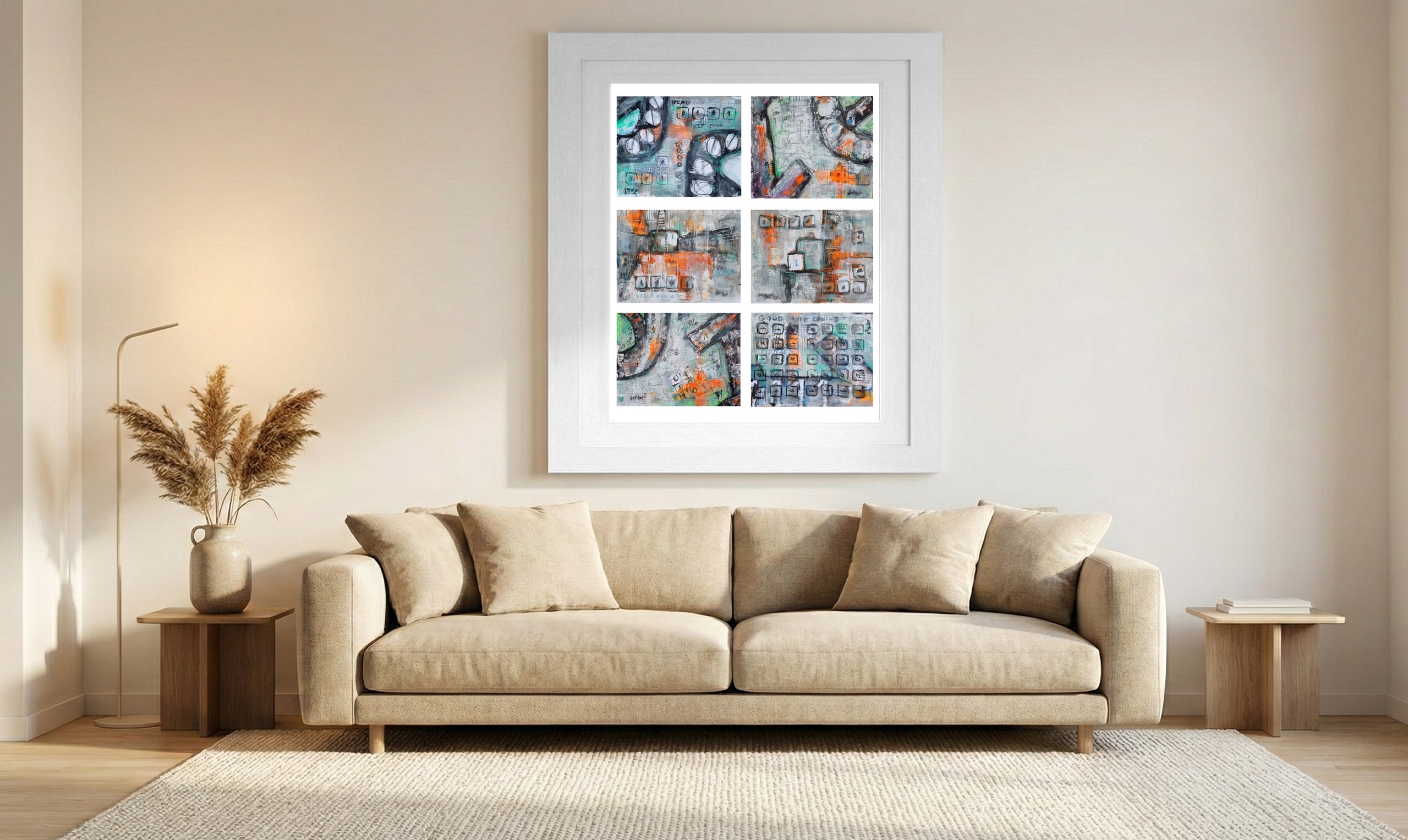 Neon Teal Binary Code Art Set — art on the wall, room interior preview 1