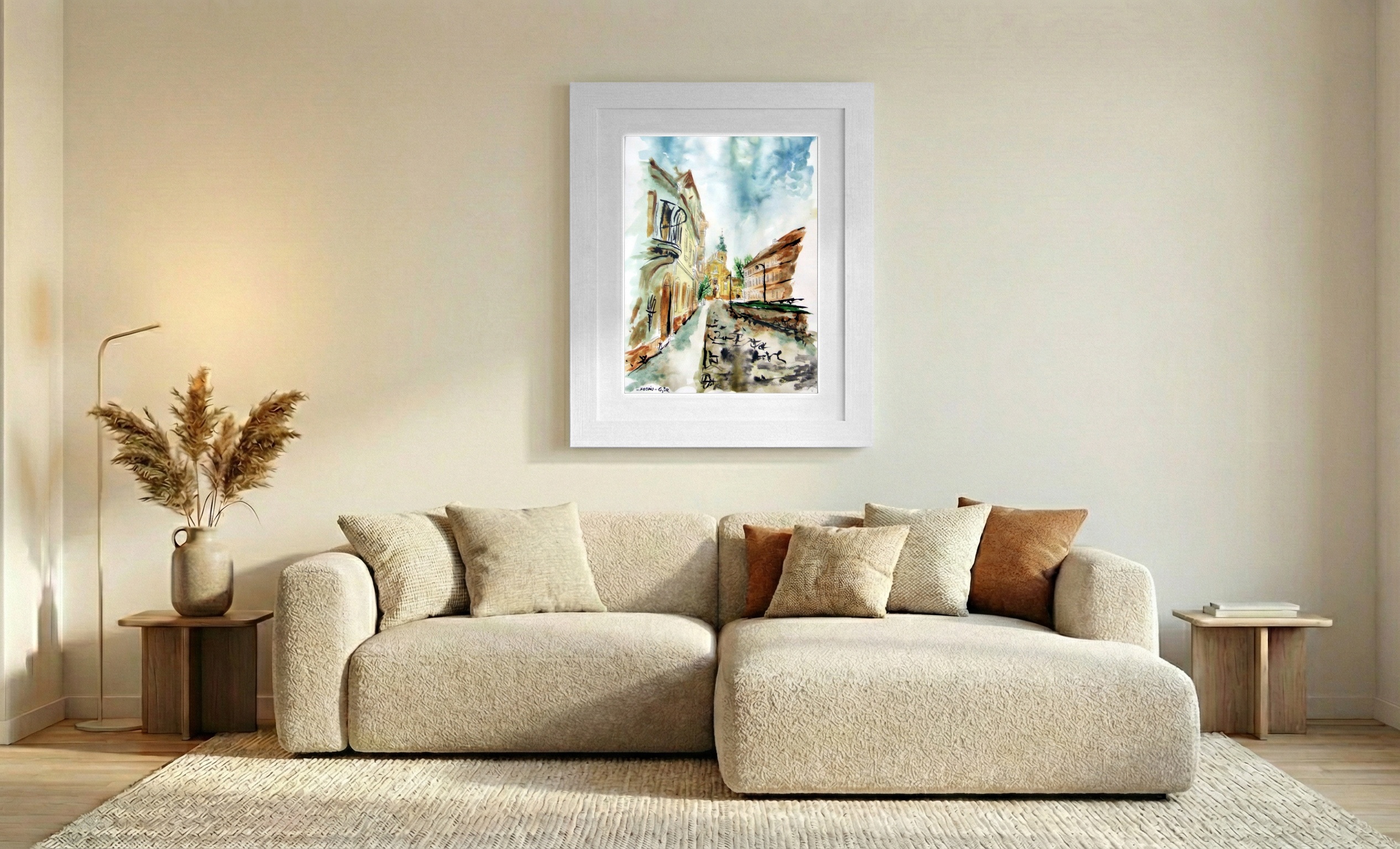 Ochre and Terracotta Győr Cityscape — art on the wall, room interior preview 1
