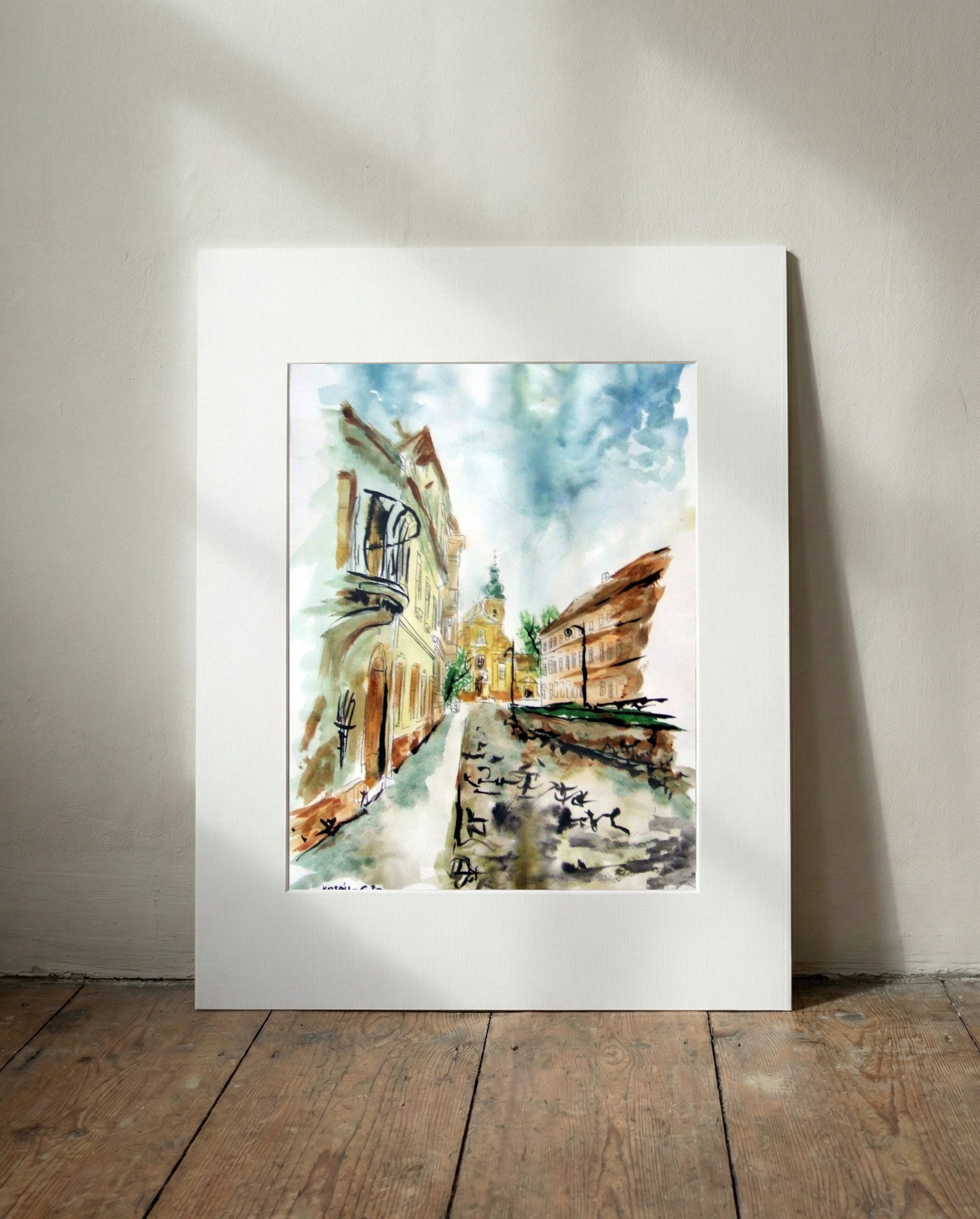 Ochre and Terracotta Győr Cityscape — art on the wall, room interior preview 2
