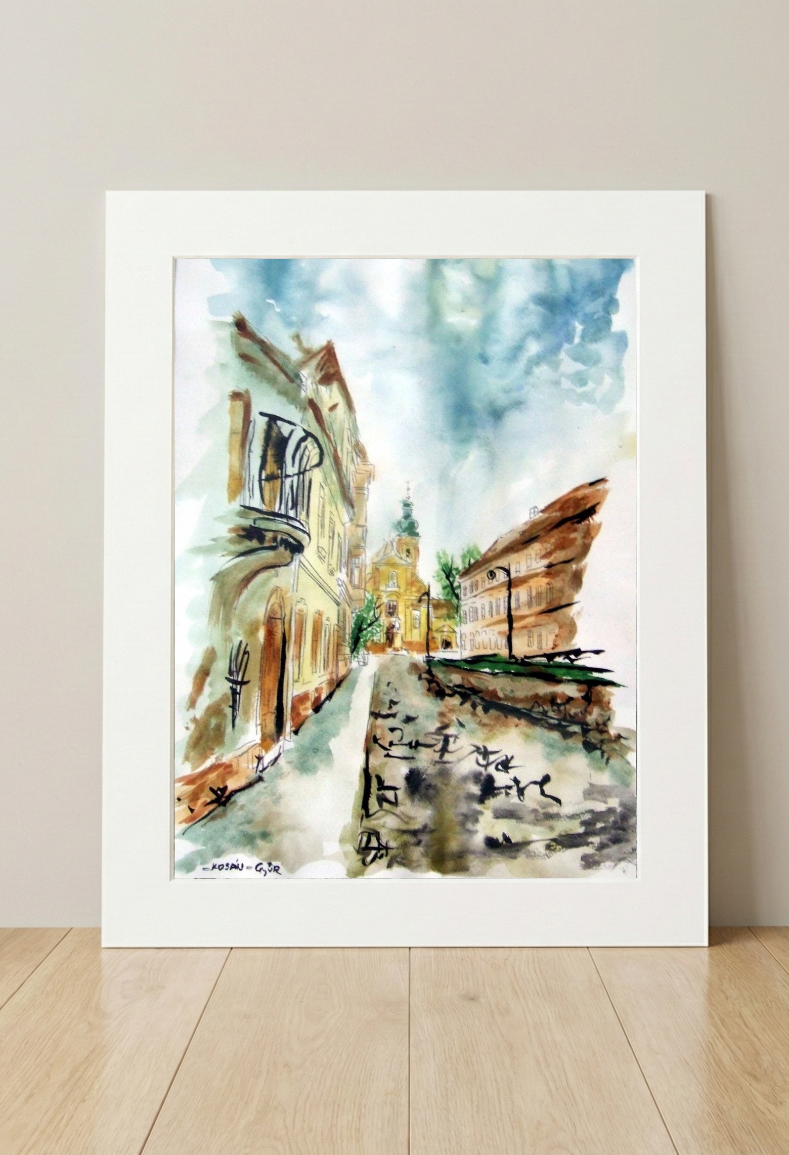 Ochre and Terracotta Győr Cityscape — art on the wall, room interior preview 3