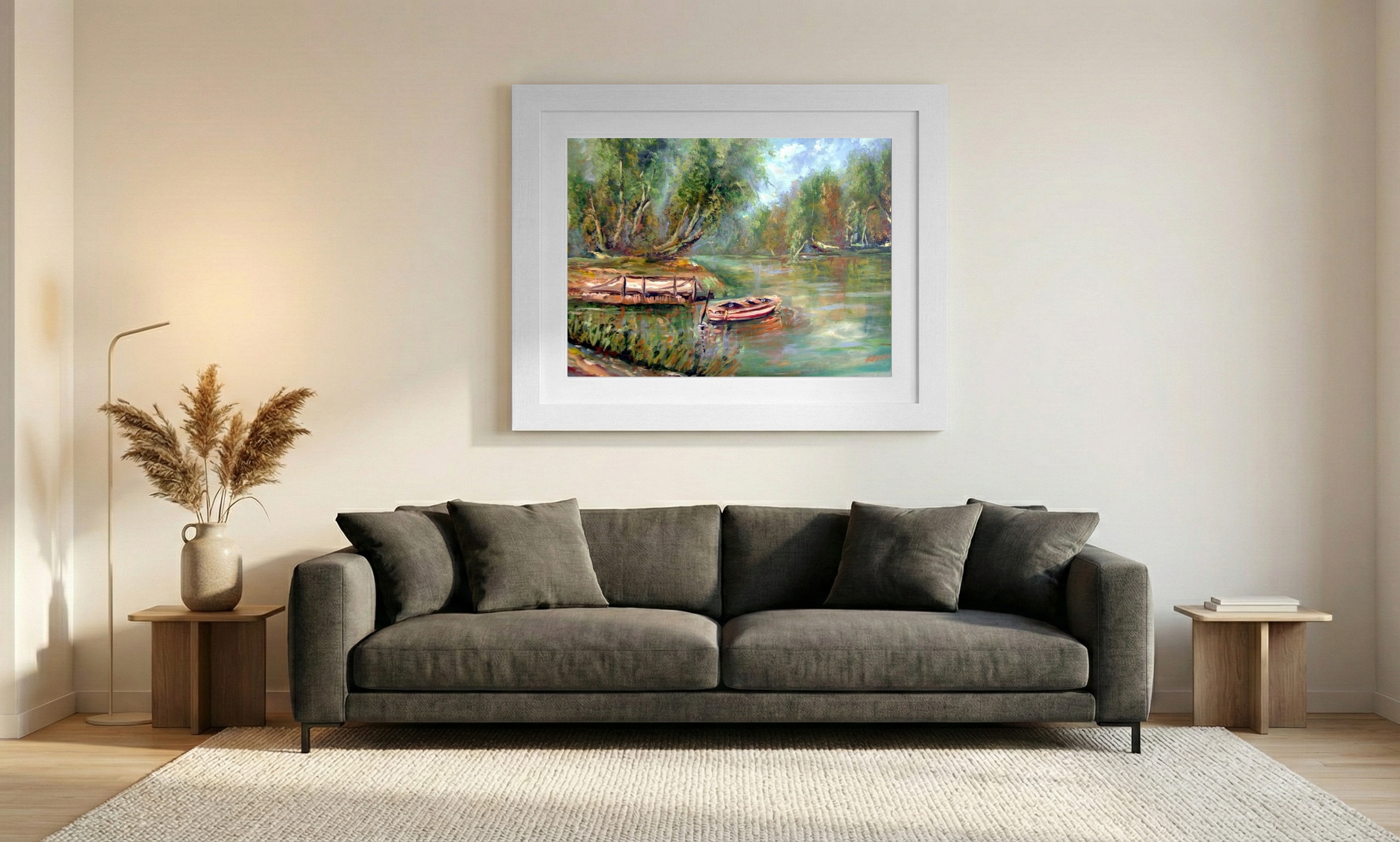 Serene Riverbank Rowboat — art on the wall, room interior preview 1