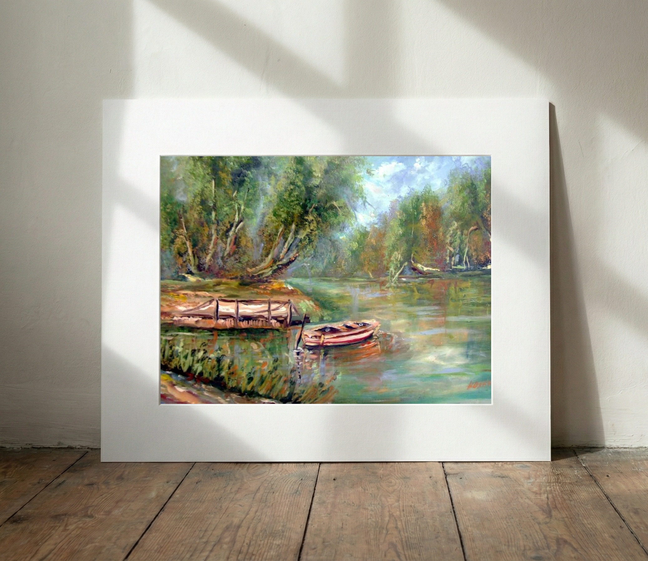 Serene Riverbank Rowboat — art on the wall, room interior preview 2
