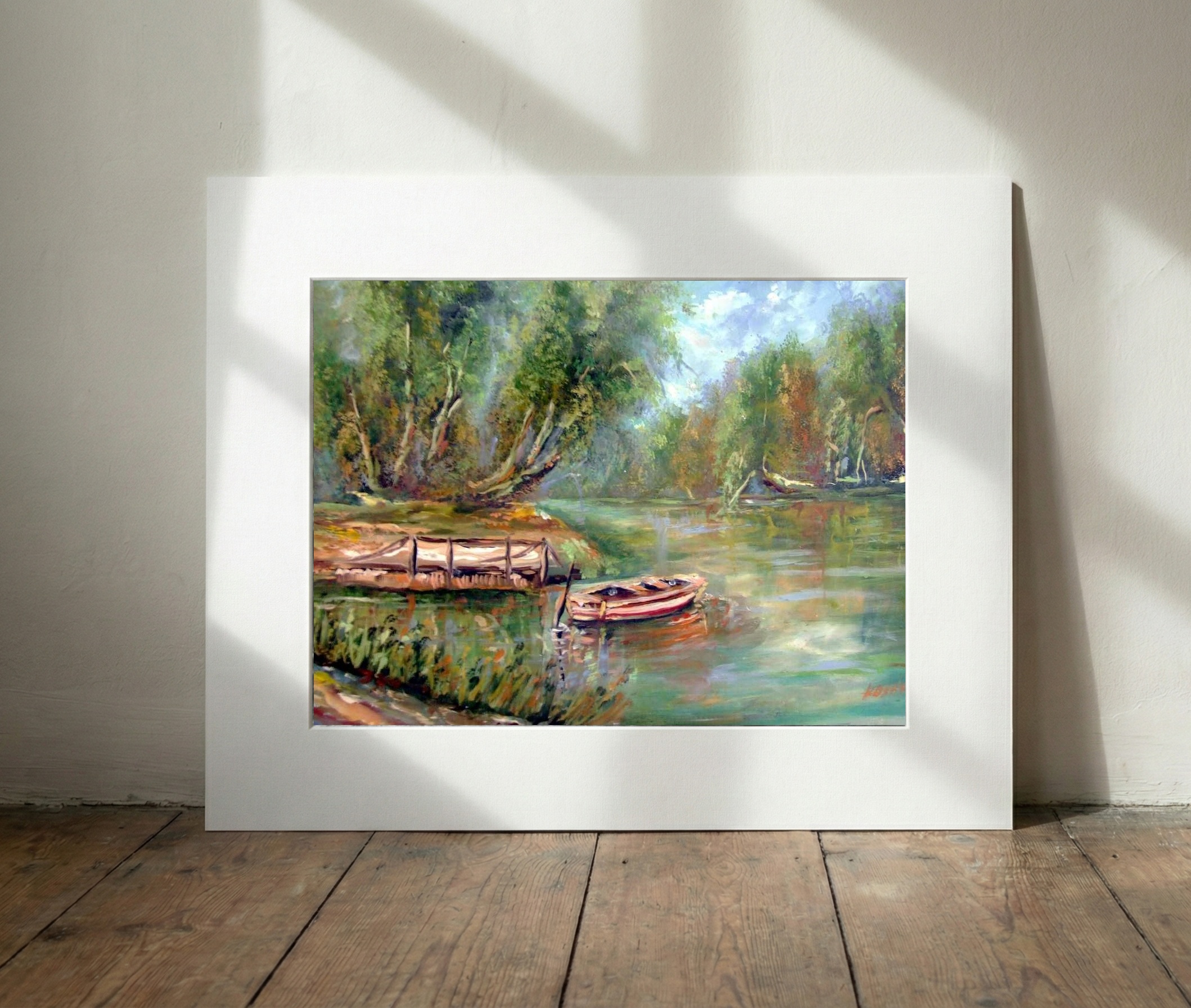Serene Riverbank Rowboat — art on the wall, room interior preview 3
