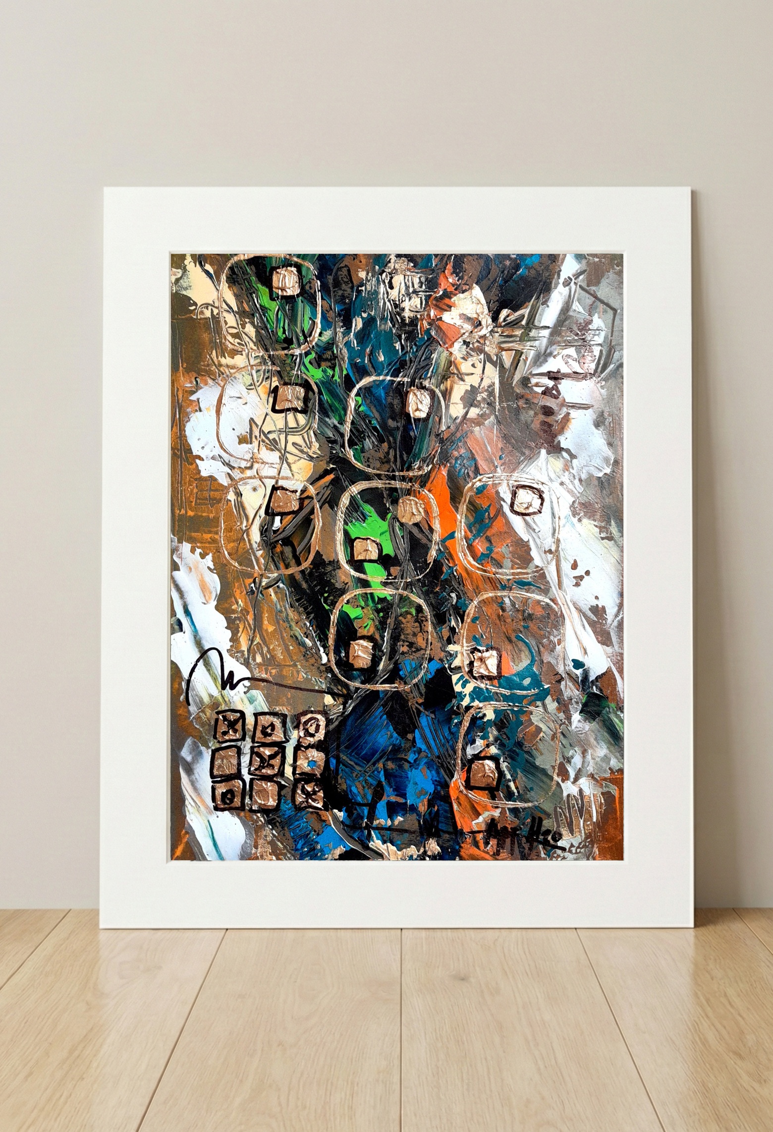 Metallic Blues and Oranges in Abstract Chaos — art on the wall, room interior preview 3