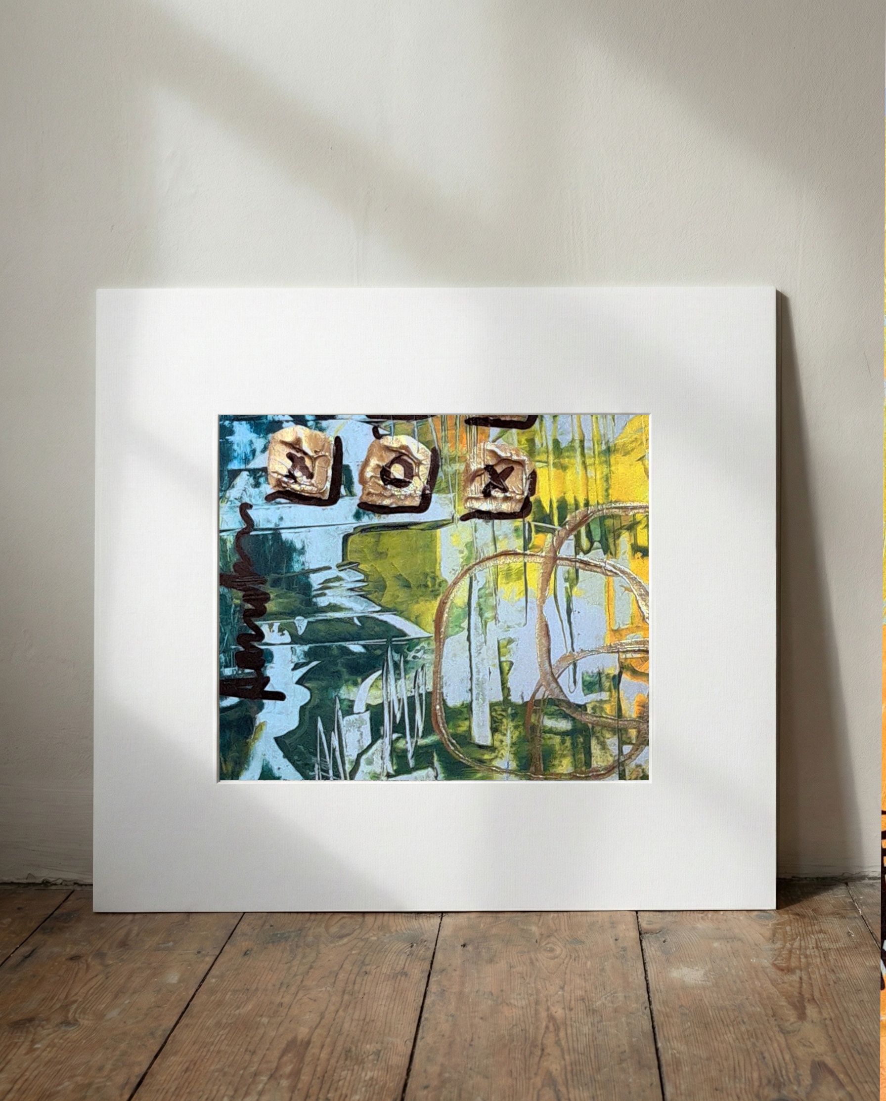 Textured Gold Grid and Urban Flow — art on the wall, room interior preview 1