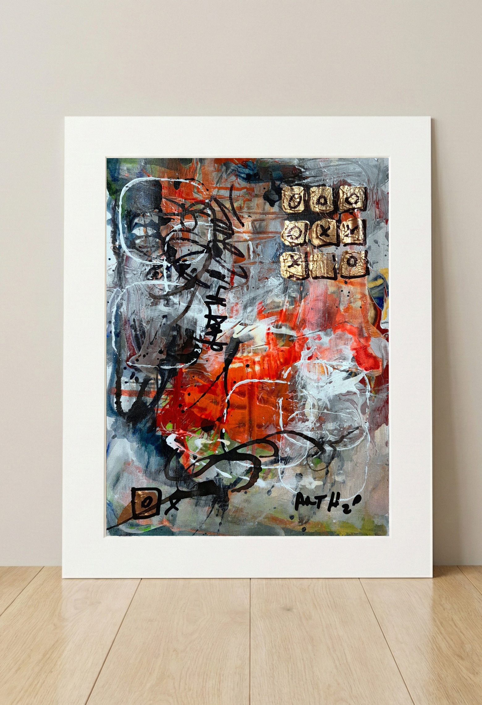 Crimson Pulse and Gold Overlay — art on the wall, room interior preview 3