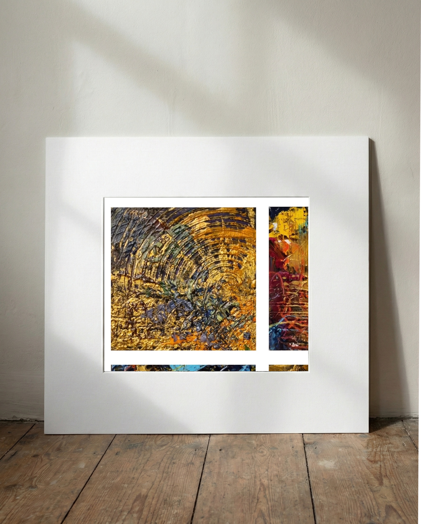 Metallic Orange and Green Hexaptych — art on the wall, room interior preview 1