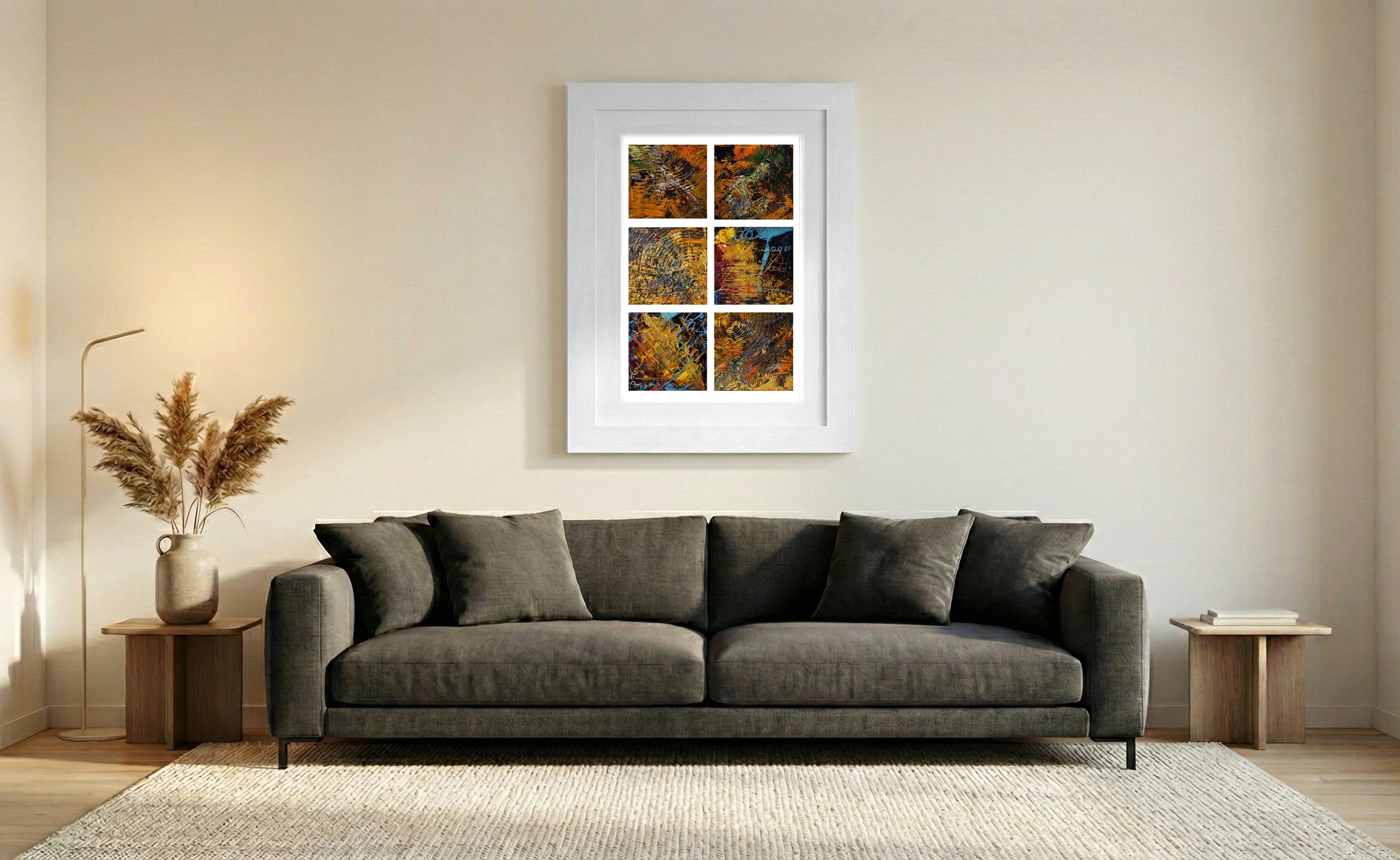 Metallic Orange and Green Hexaptych — art on the wall, room interior preview 2
