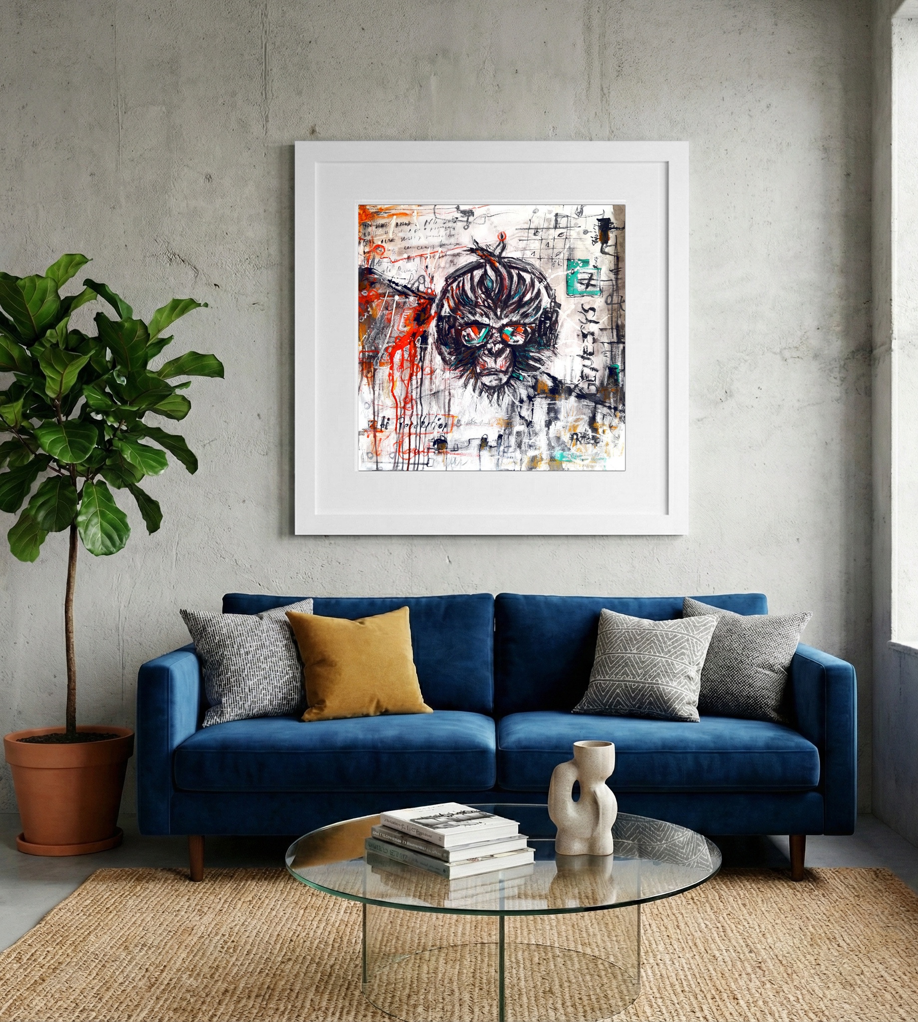 Graffiti-Style Monkey in Orange and Teal — art on the wall, room interior preview 2
