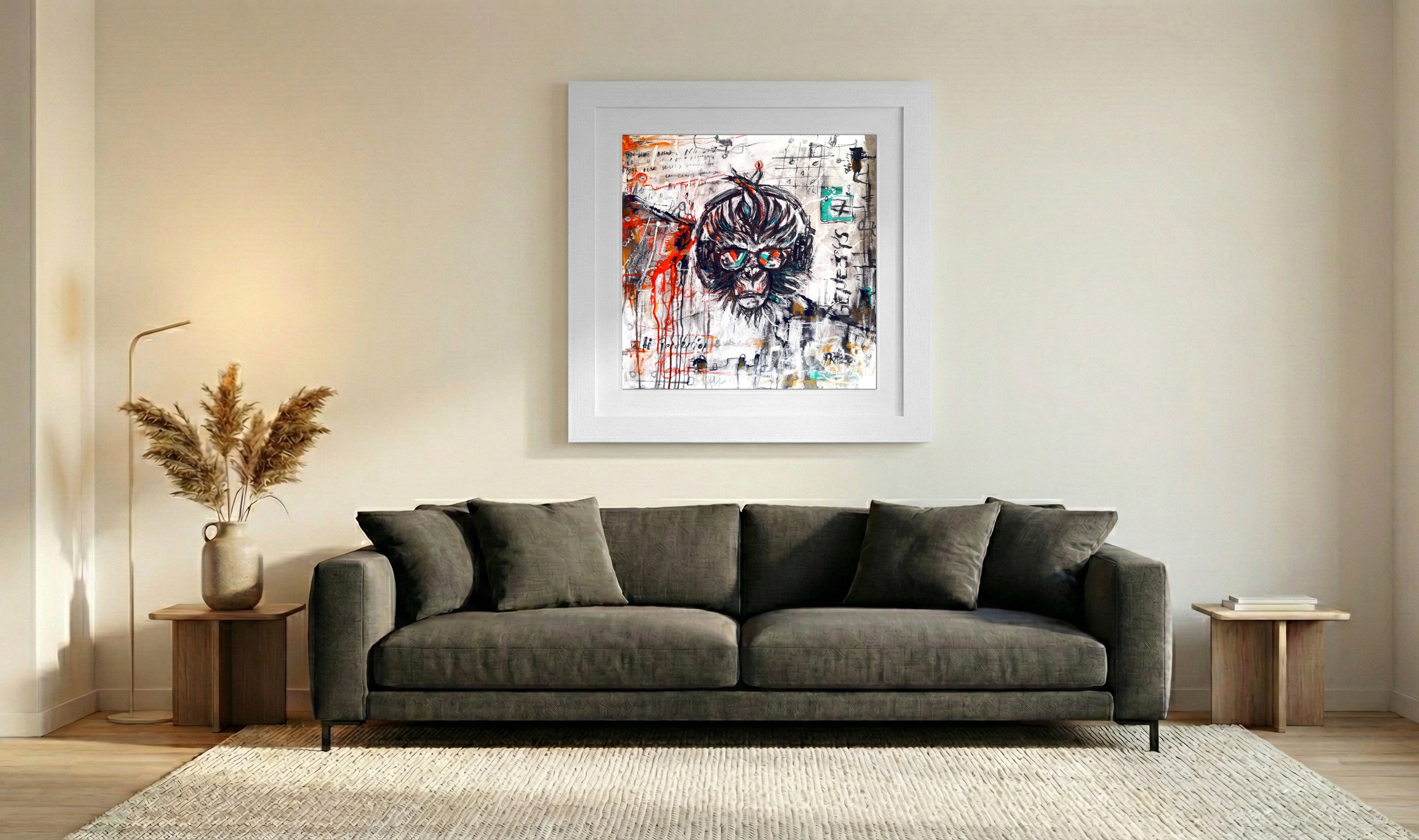 Graffiti-Style Monkey in Orange and Teal — art on the wall, room interior preview 3