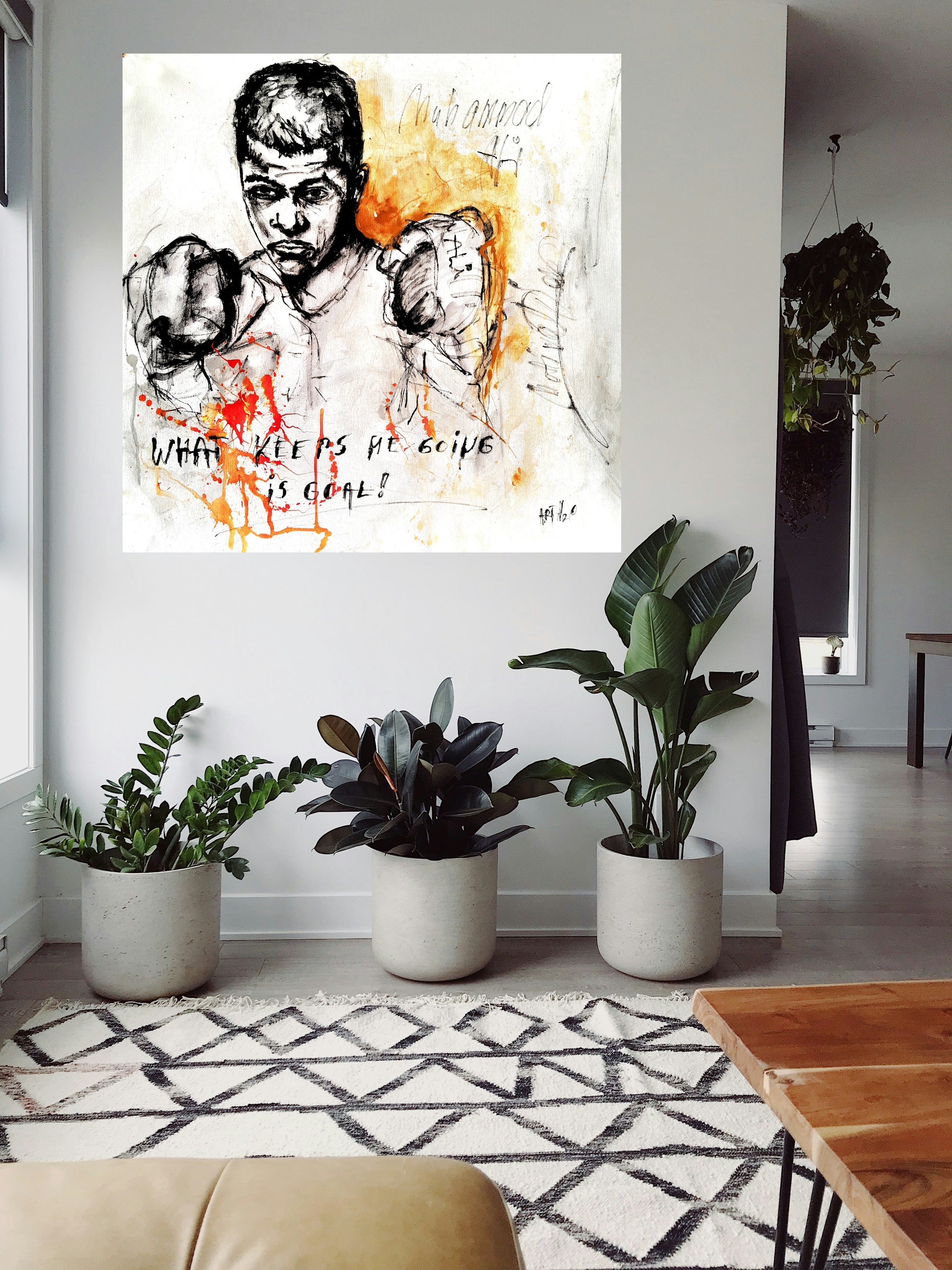 Energized Portrait of Muhammad Ali in Red — art on the wall, room interior preview 1