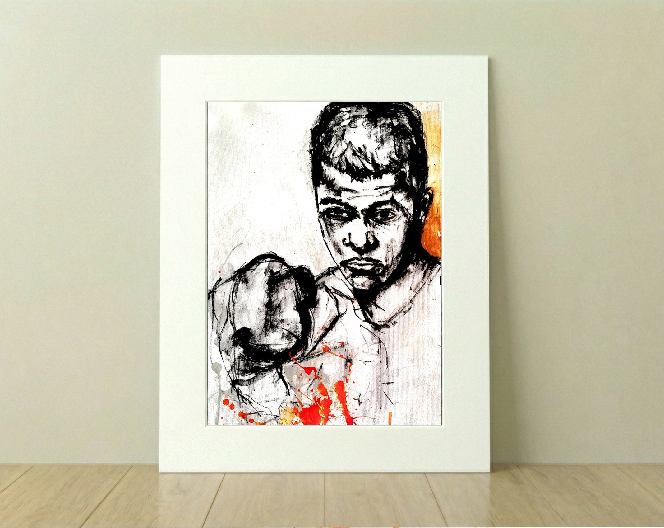 Energized Portrait of Muhammad Ali in Red — art on the wall, room interior preview 2