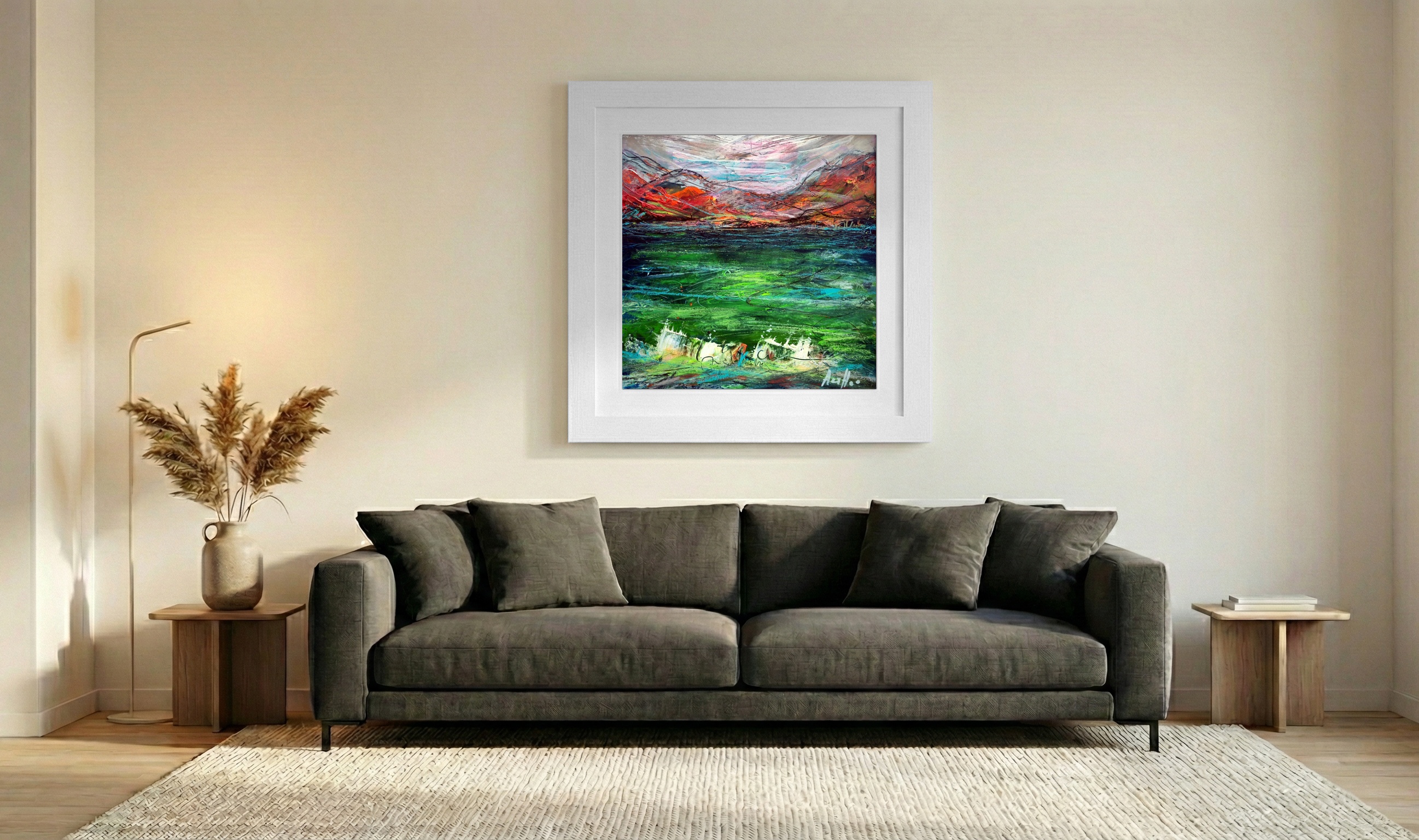 Red Mountains and Green Sea Landscape — art on the wall, room interior preview 3