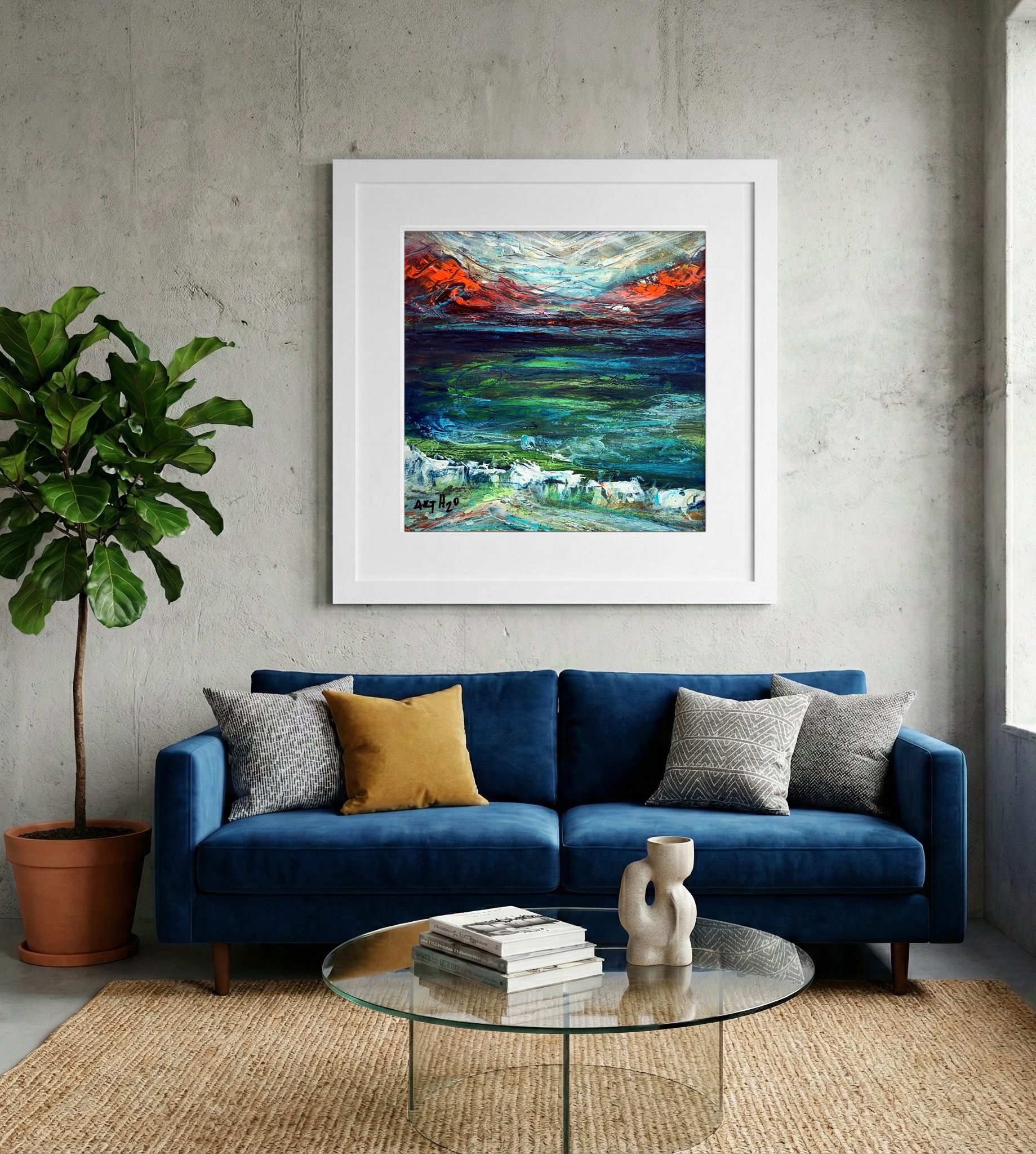 Contrast of Red Mountains and Sea — art on the wall, room interior preview 2