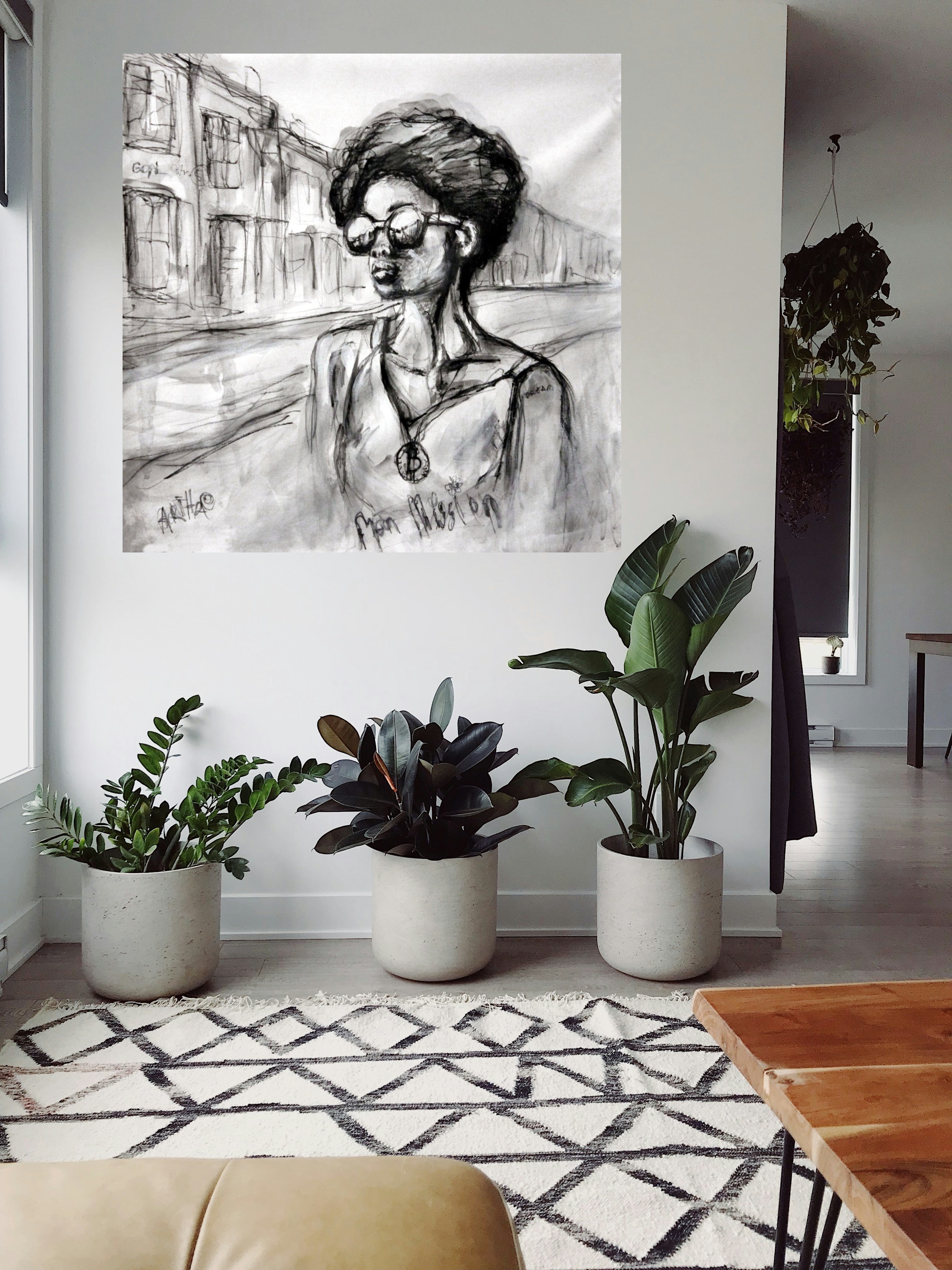 Monochrome Portrait with Bitcoin — art on the wall, room interior preview 1