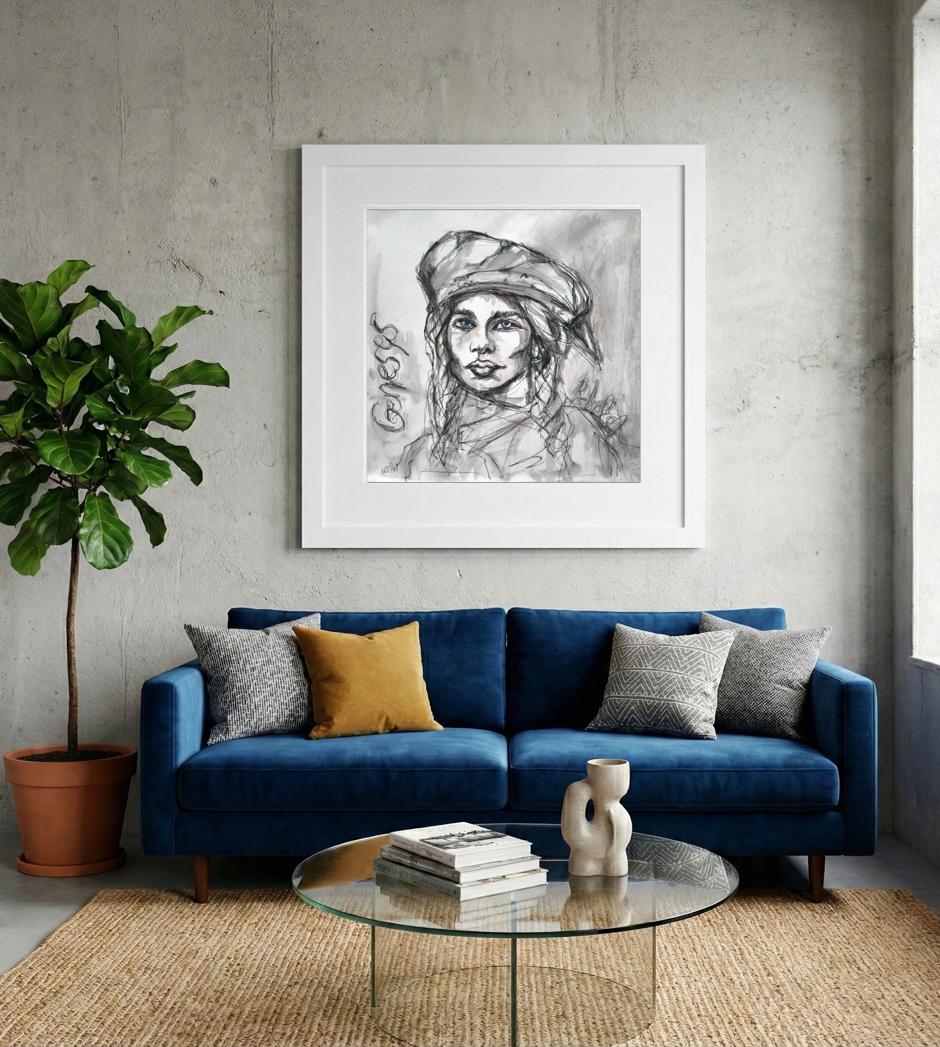 Figurative Portrait with Blue Eyes — art on the wall, room interior preview 2