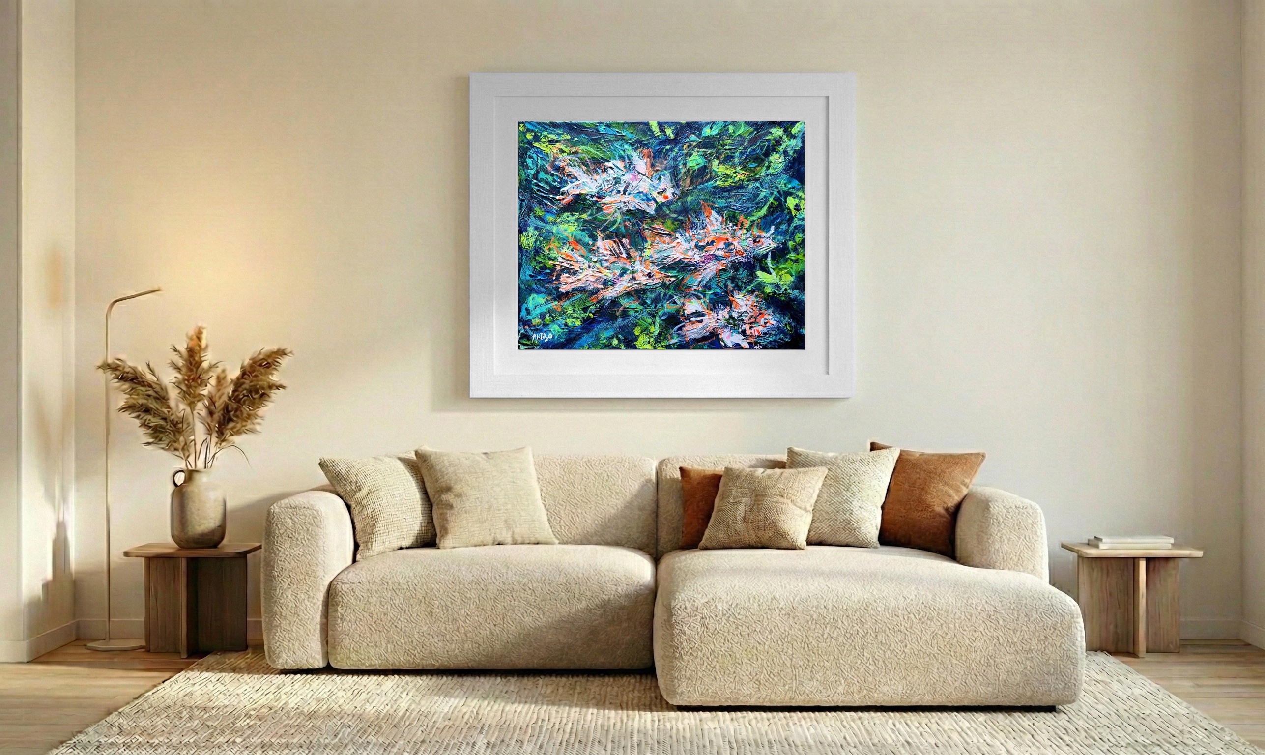 Koi Fish in Blue and Orange — art on the wall, room interior preview 2