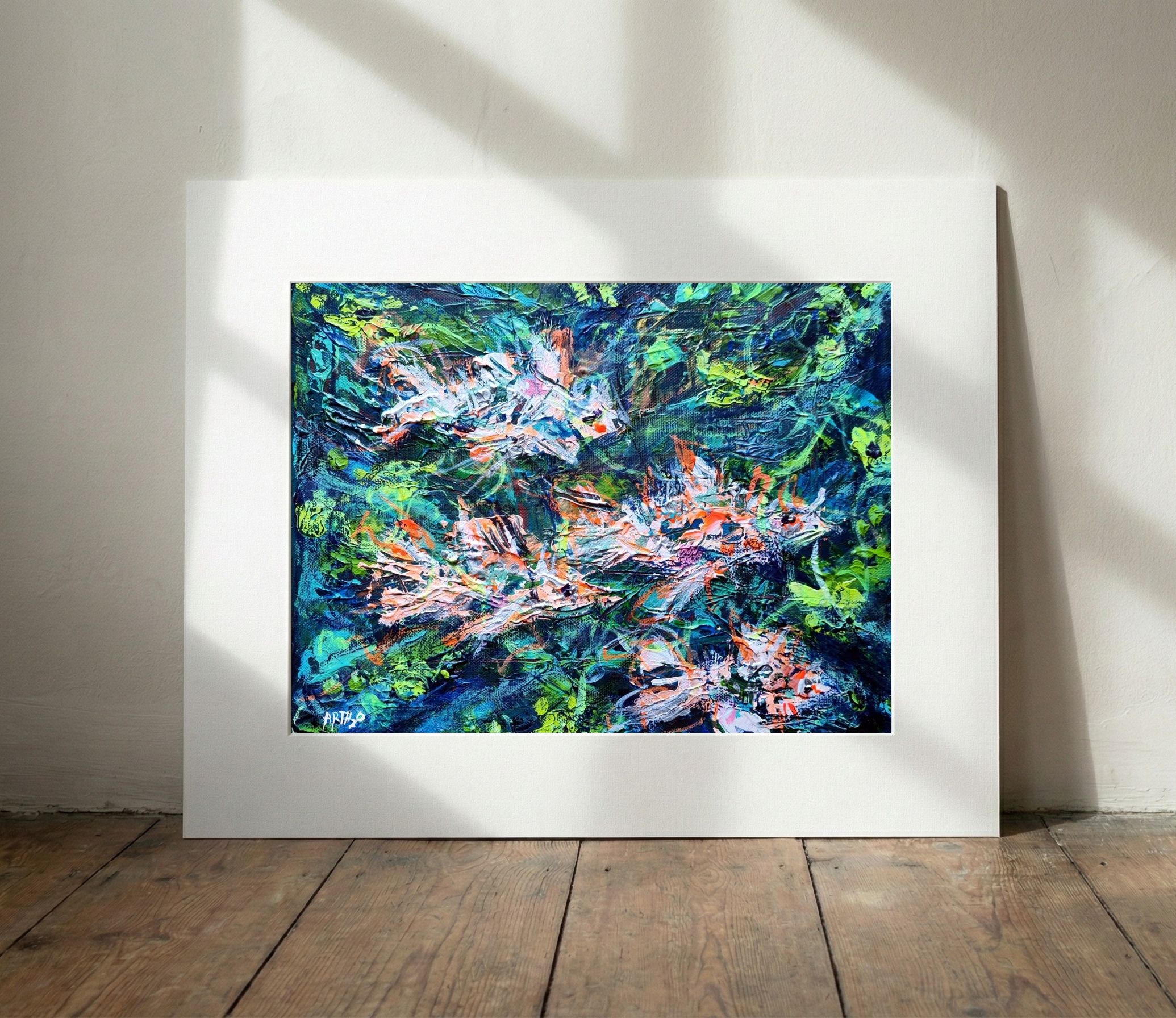 Koi Fish in Blue and Orange — art on the wall, room interior preview 3