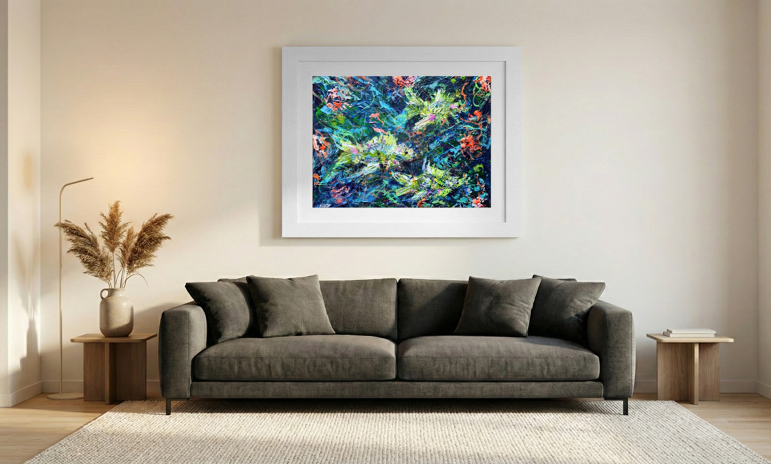 Neon Lime and Deep Navy Reef Scene — art on the wall, room interior preview 1