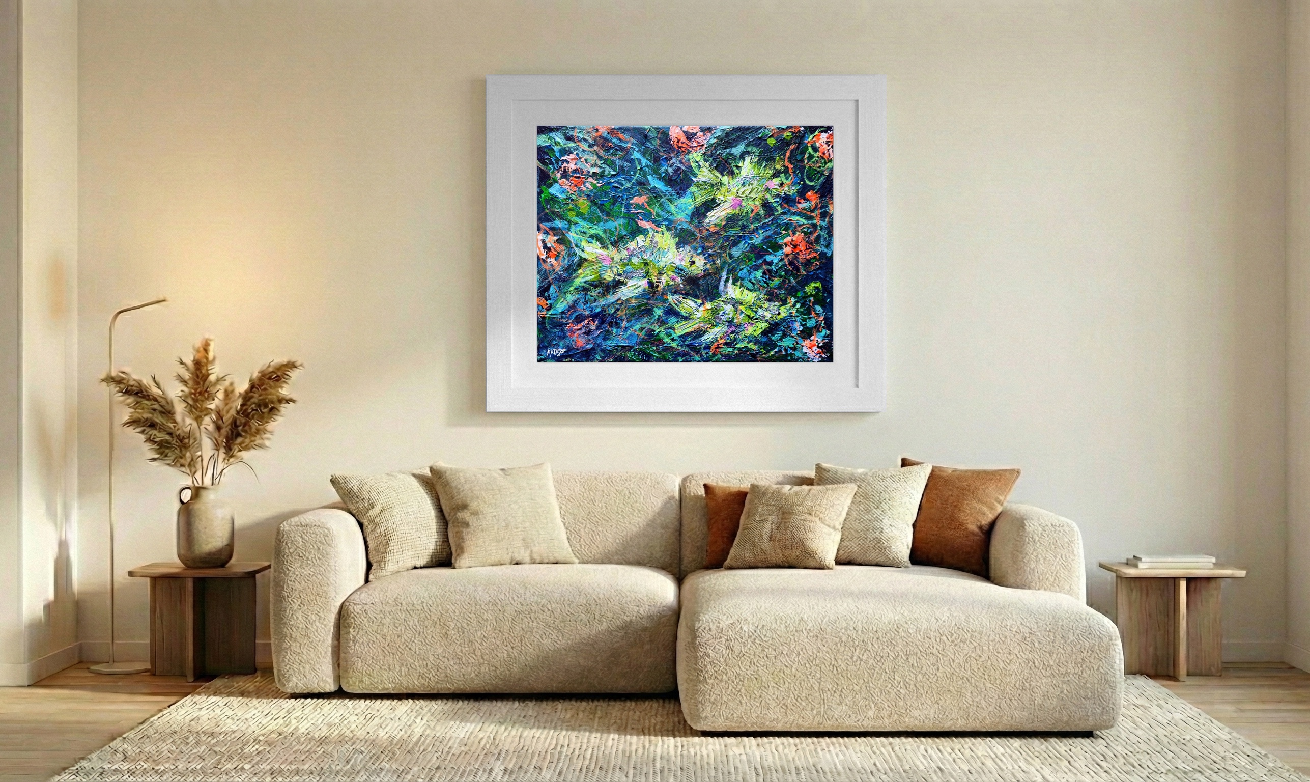 Neon Lime and Deep Navy Reef Scene — art on the wall, room interior preview 2