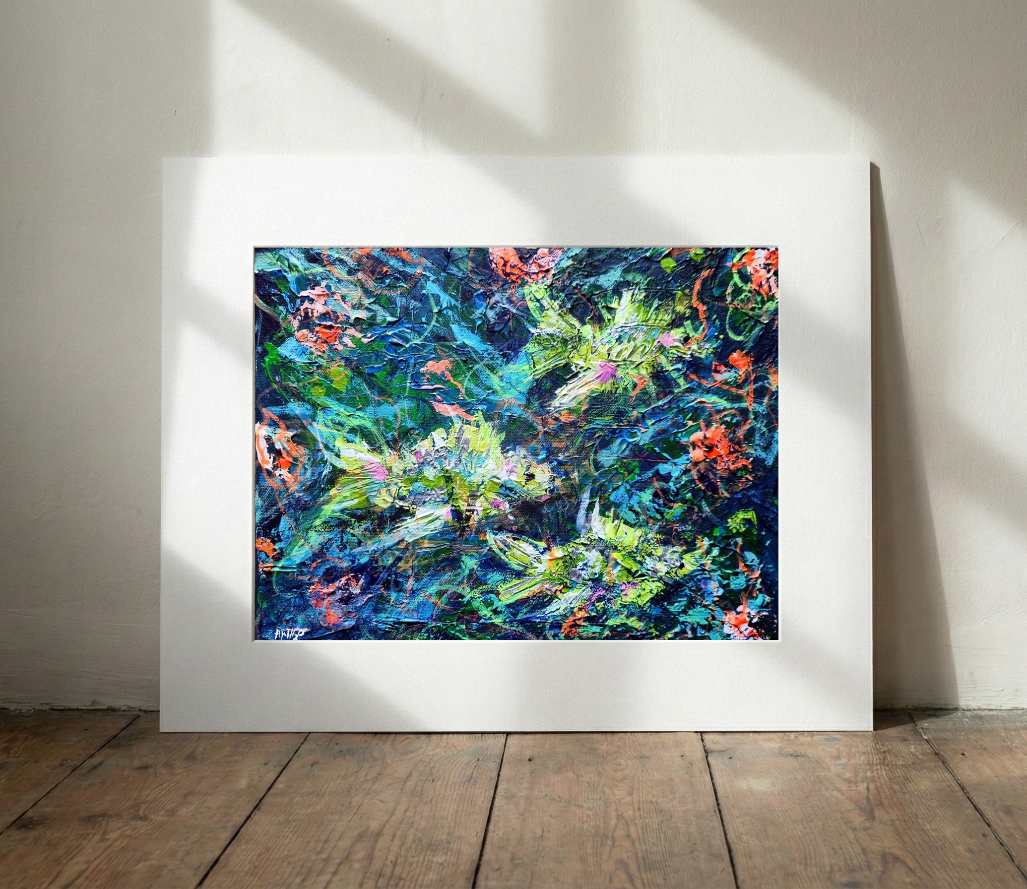 Neon Lime and Deep Navy Reef Scene — art on the wall, room interior preview 3