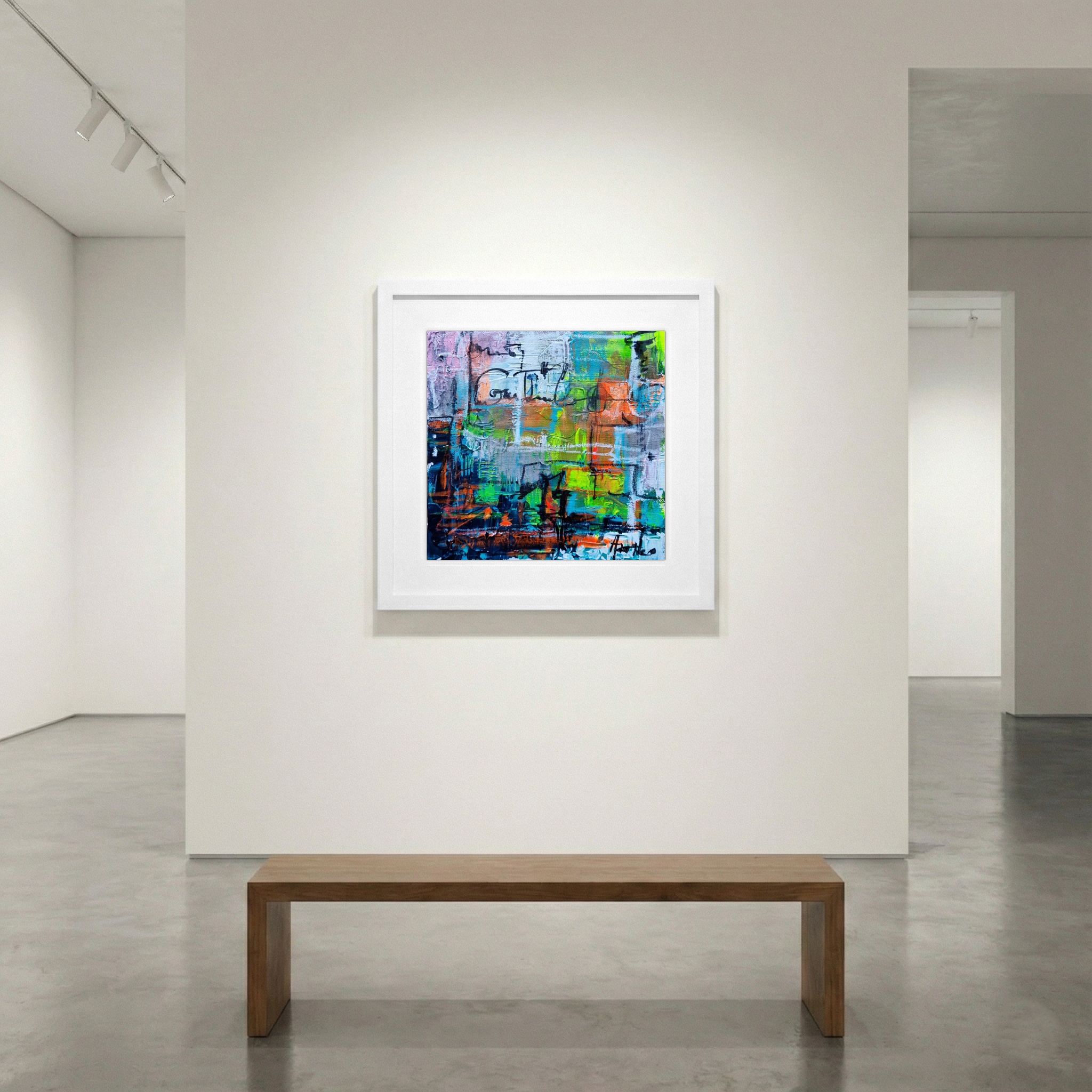 Chaotic Grid of Neon Green and Orange — art on the wall, room interior preview 1