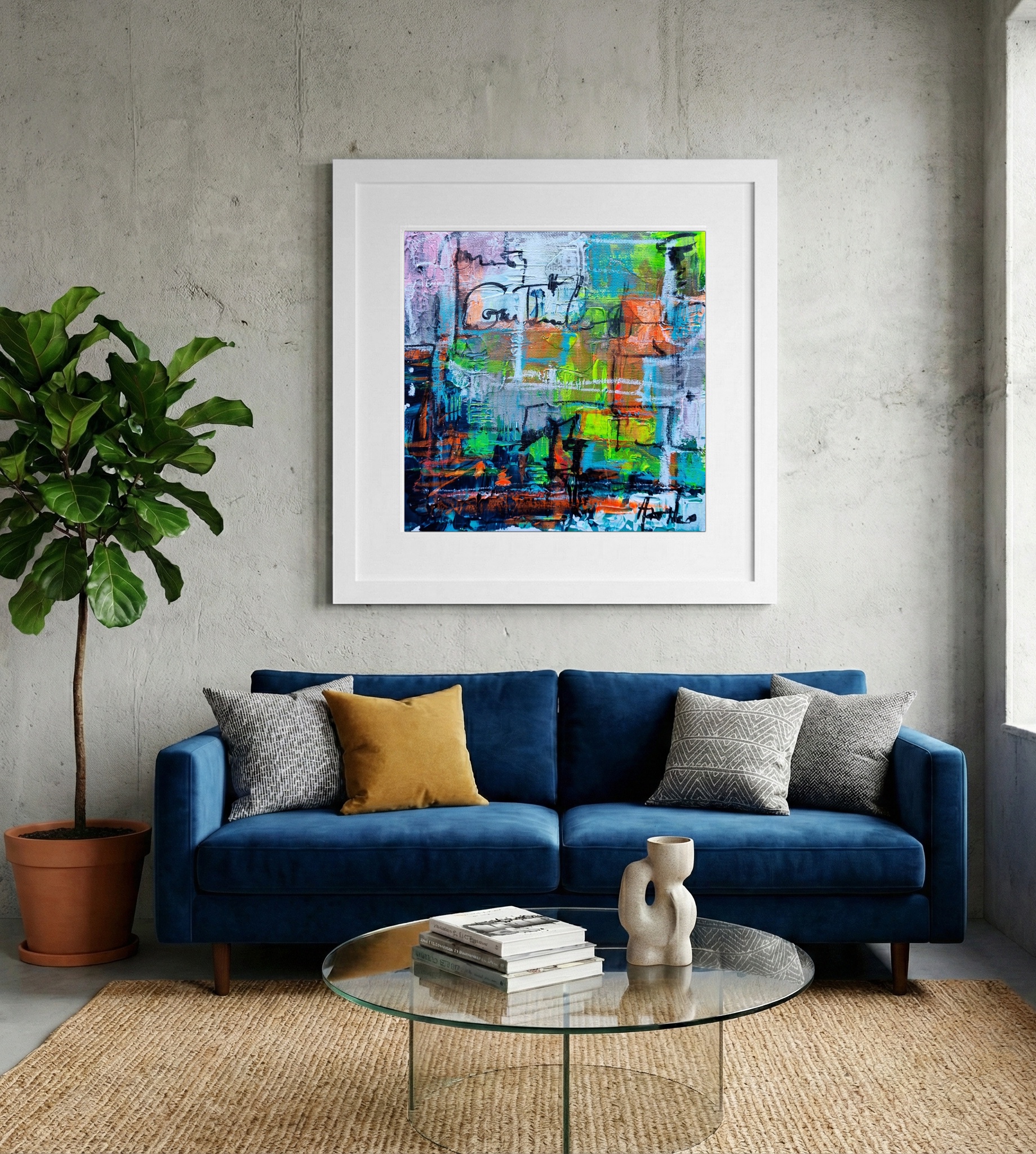 Chaotic Grid of Neon Green and Orange — art on the wall, room interior preview 2
