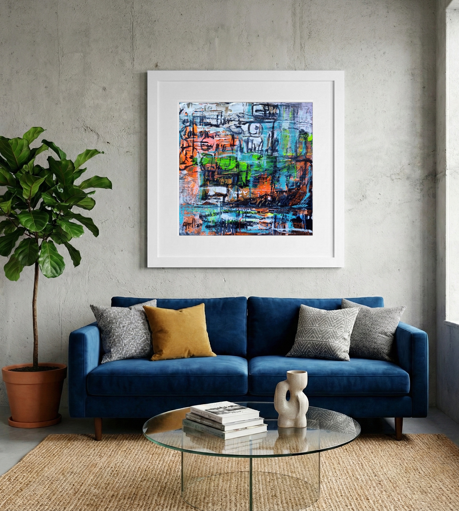 Patchwork of Teal and Orange Urban Energy — art on the wall, room interior preview 2