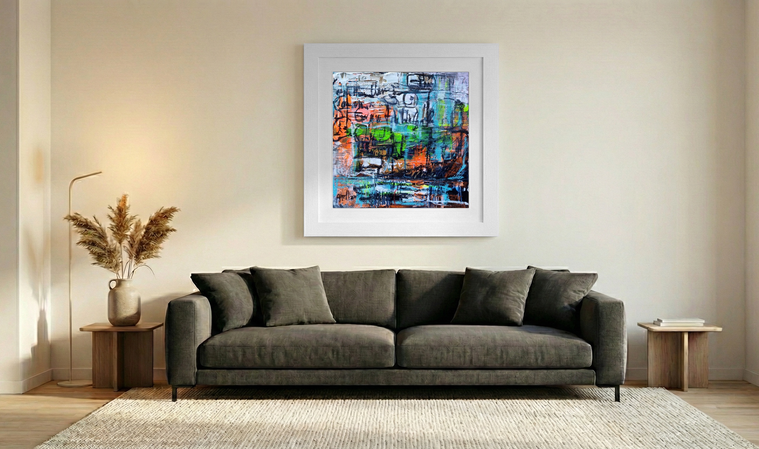 Patchwork of Teal and Orange Urban Energy — art on the wall, room interior preview 3