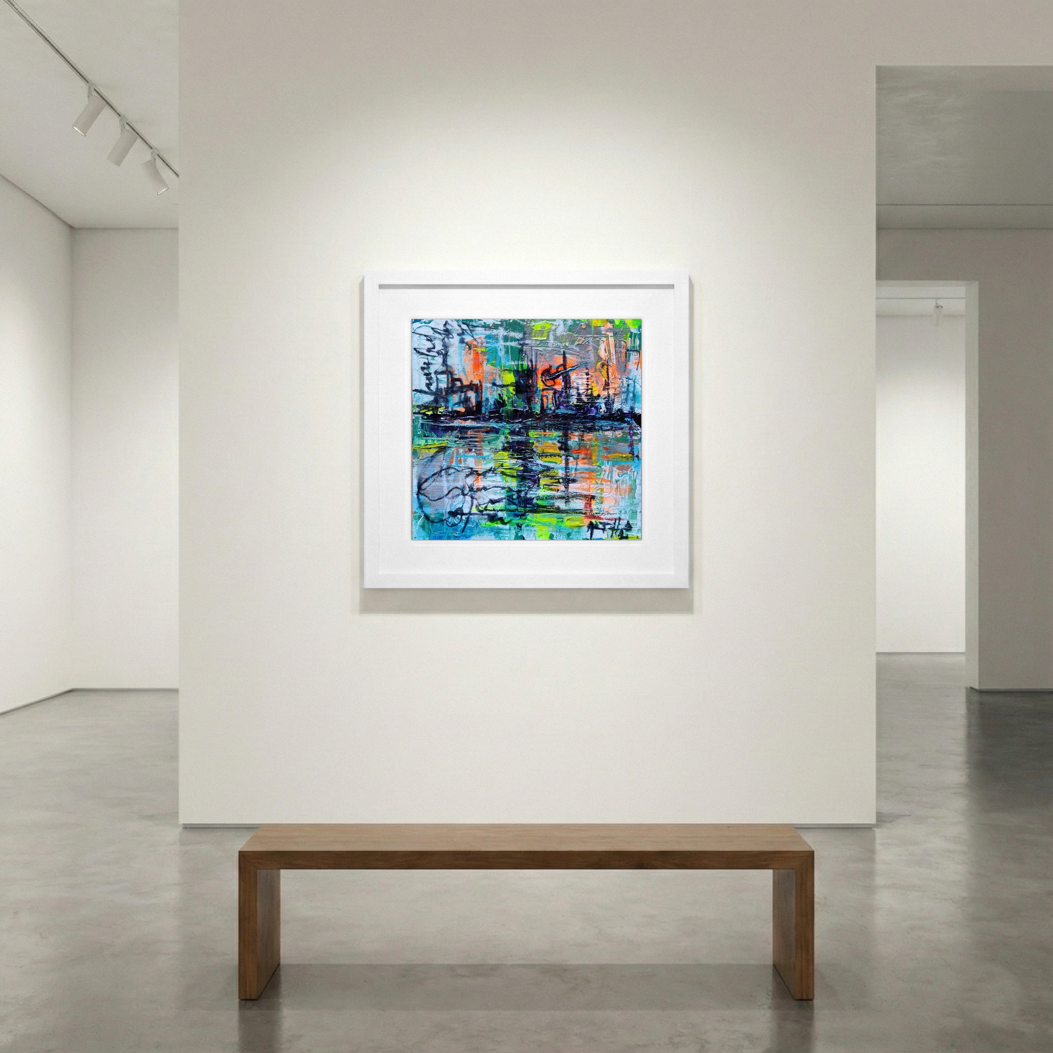 Vibrant Skyline Reflected in Teal and Orange — art on the wall, room interior preview 1