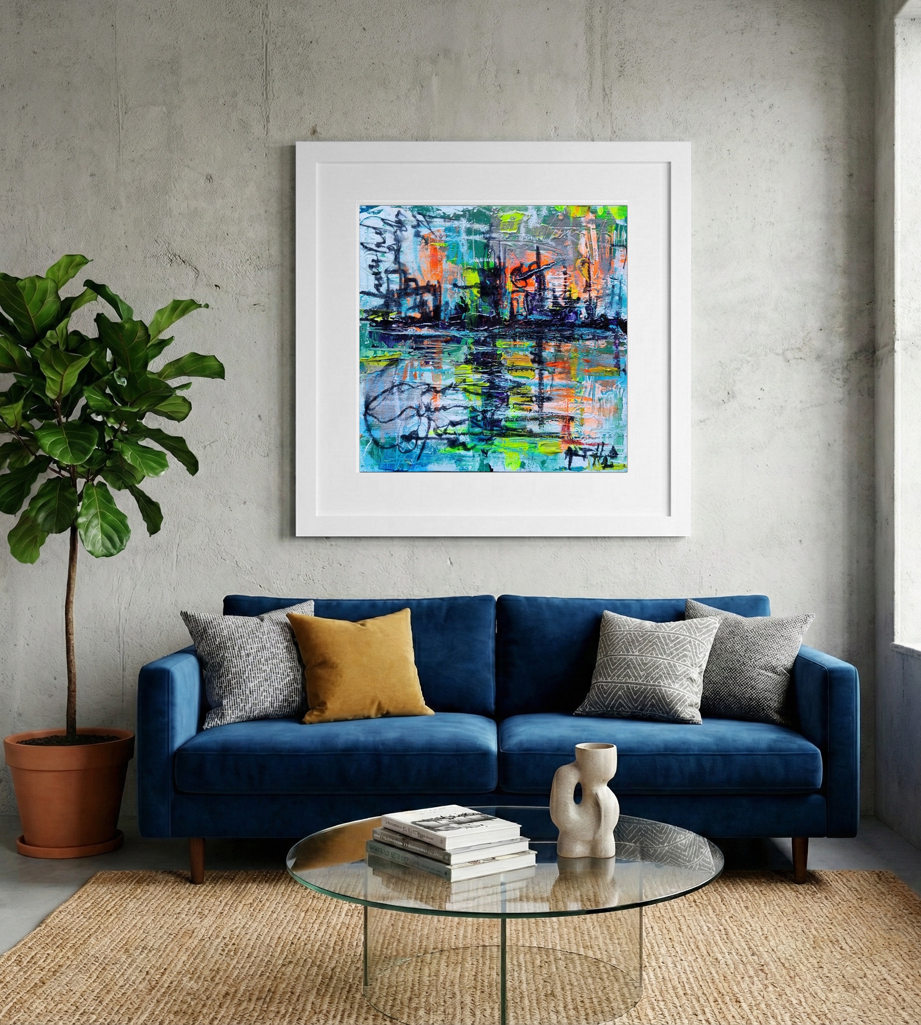 Vibrant Skyline Reflected in Teal and Orange — art on the wall, room interior preview 2