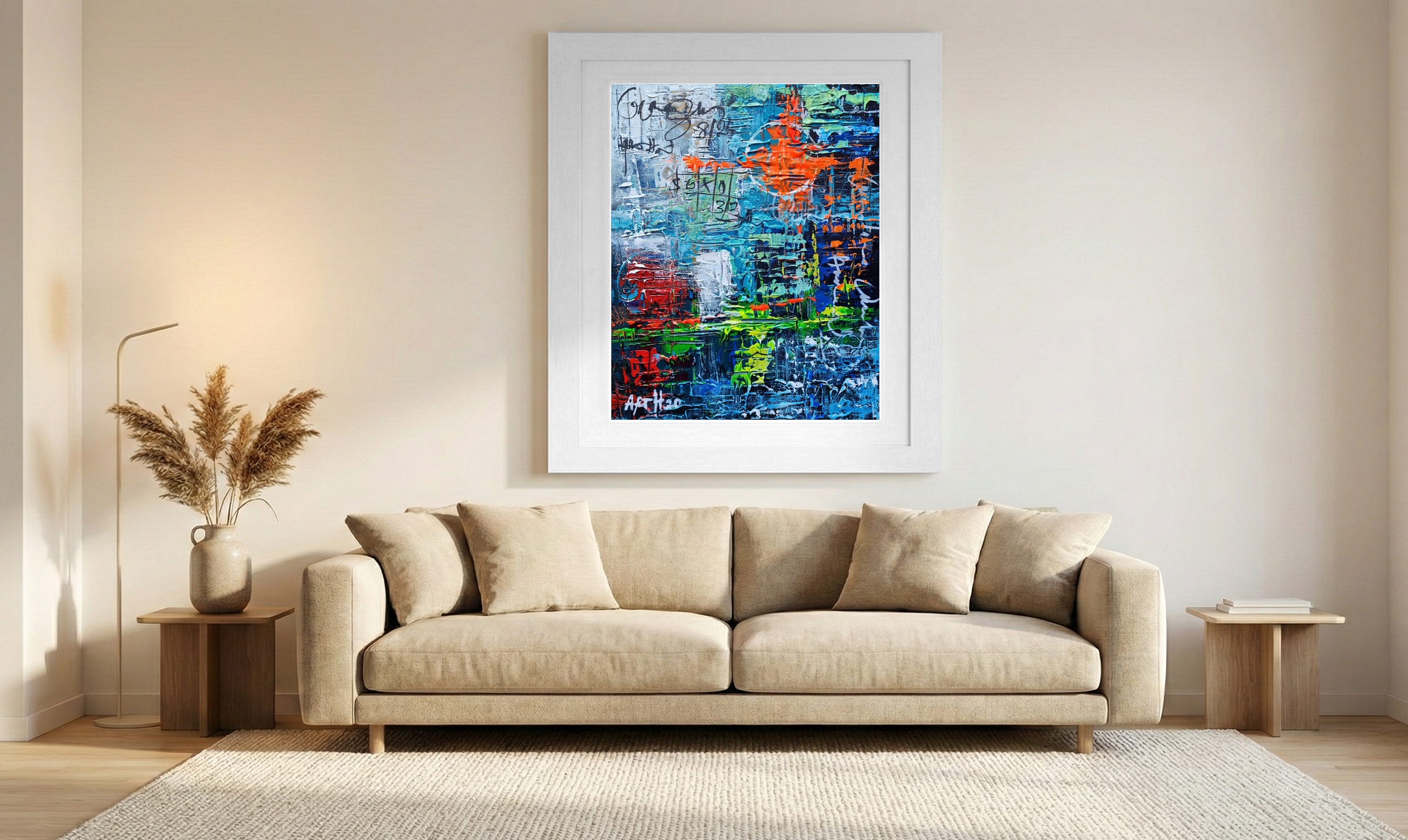 Expressive Urban Grid of Blue and Orange — art on the wall, room interior preview 1