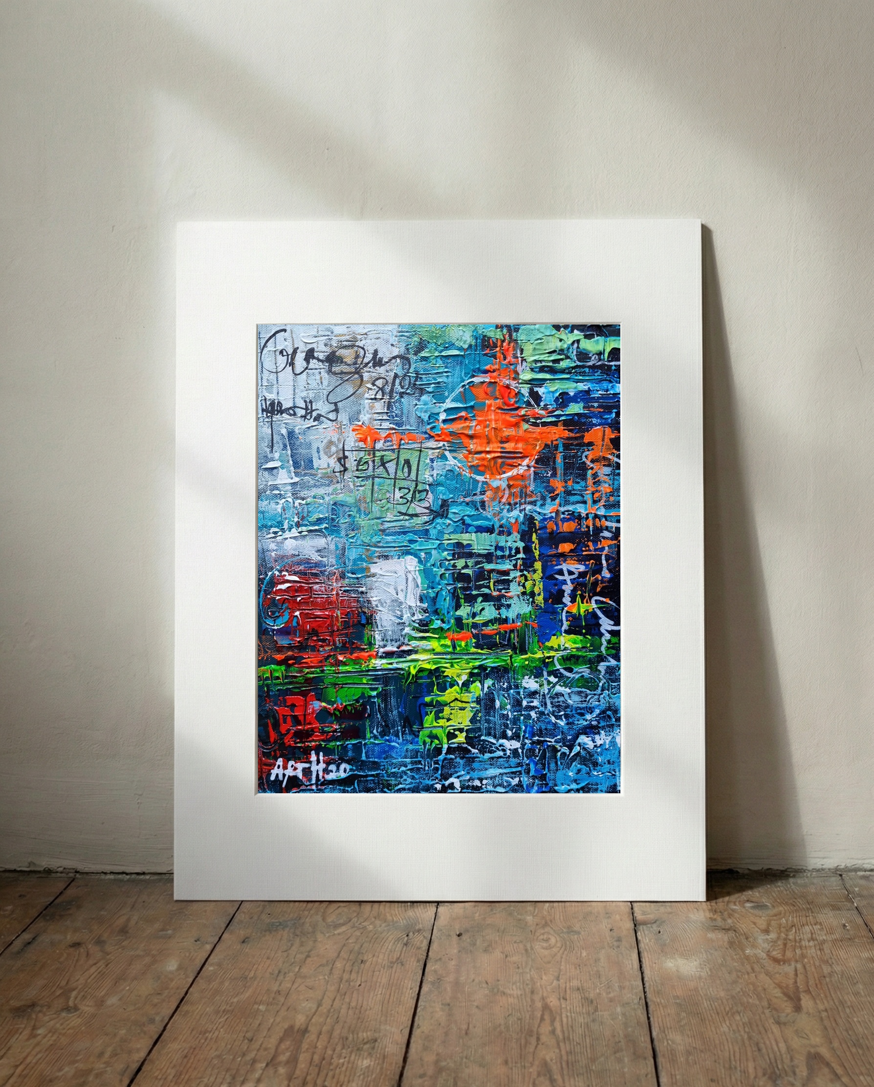 Expressive Urban Grid of Blue and Orange — art on the wall, room interior preview 2