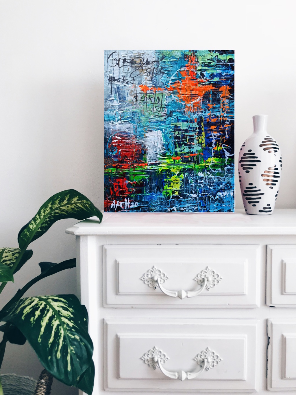 Expressive Urban Grid of Blue and Orange — art on the wall, room interior preview 3