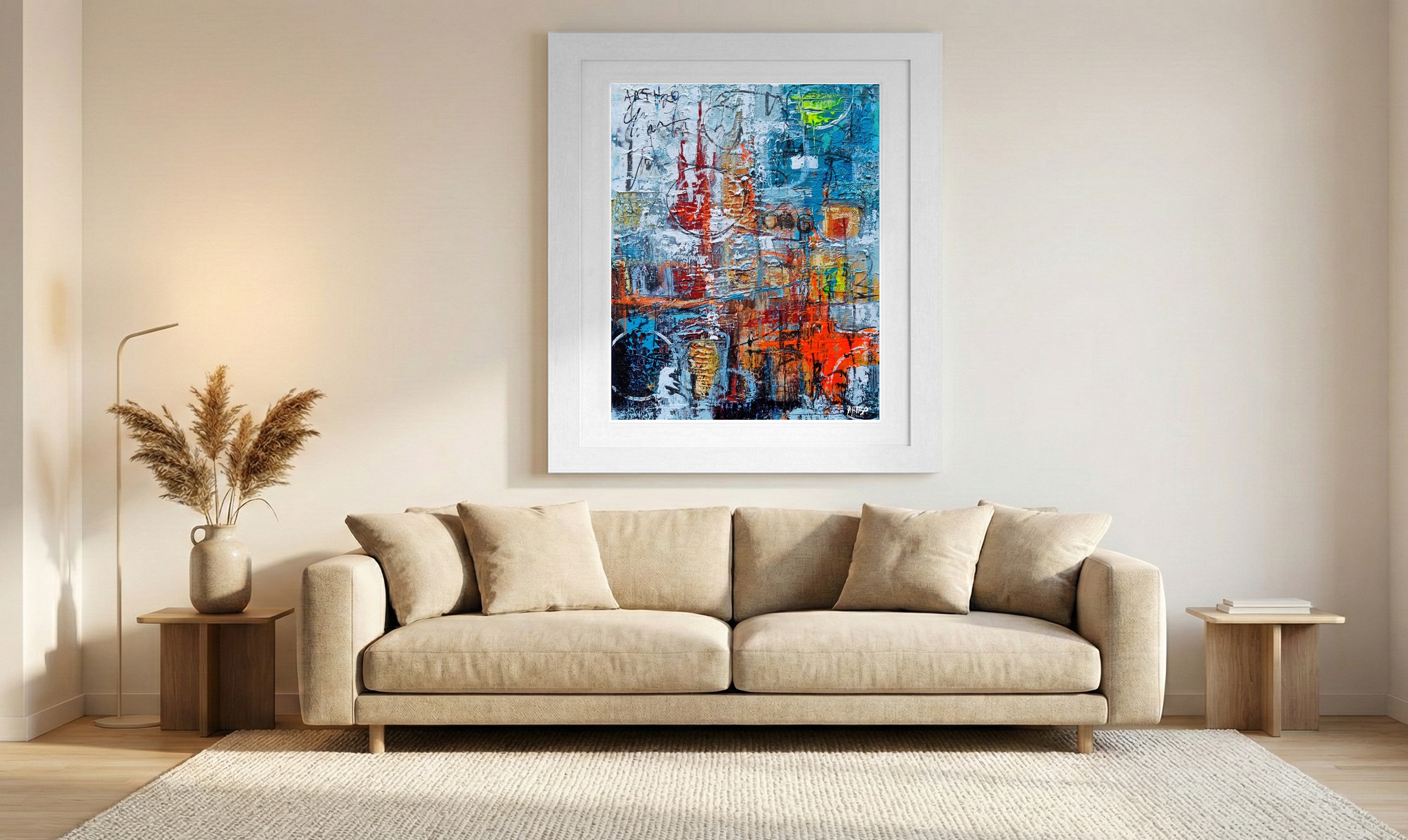 Gritty Blue and Red Urban Graffiti — art on the wall, room interior preview 1