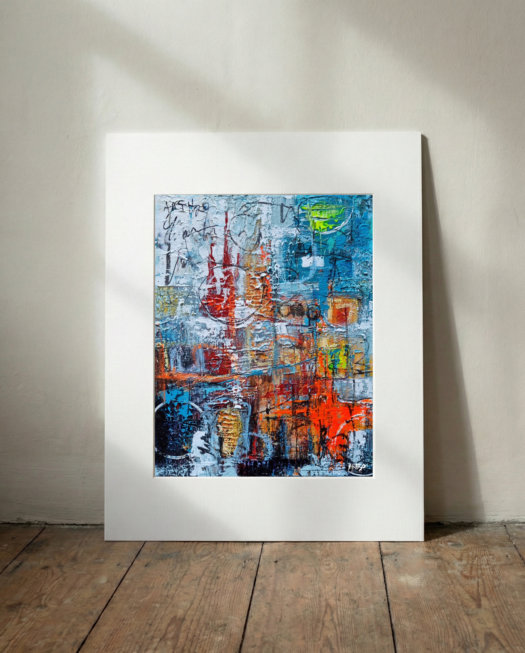 Gritty Blue and Red Urban Graffiti — art on the wall, room interior preview 3