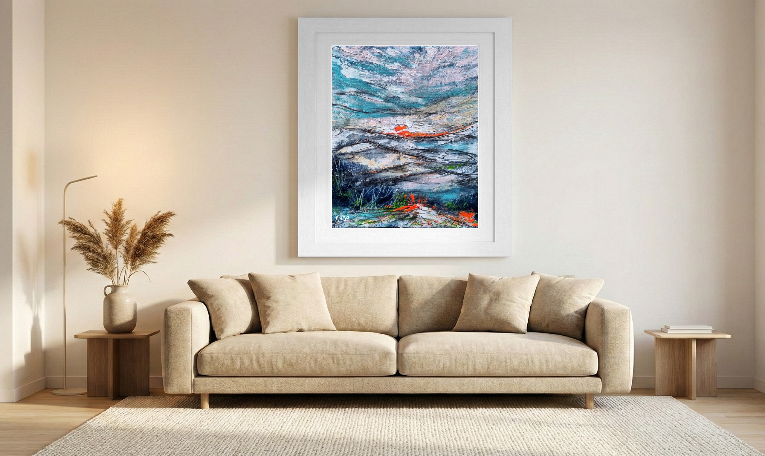 Pink and Teal Abstract Landscape — art on the wall, room interior preview 1