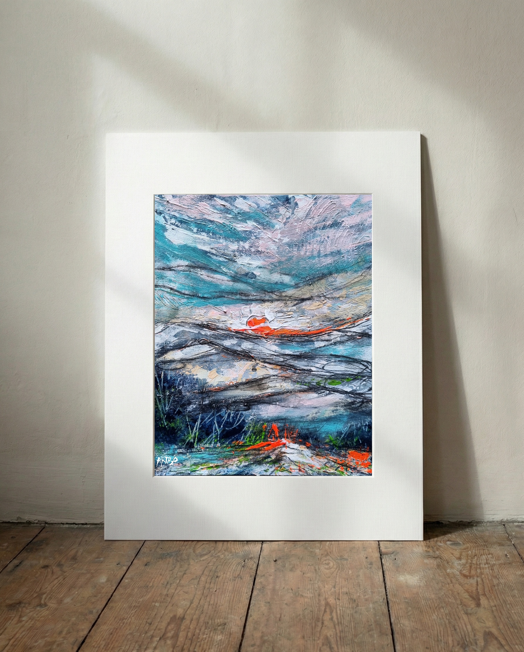 Pink and Teal Abstract Landscape — art on the wall, room interior preview 2