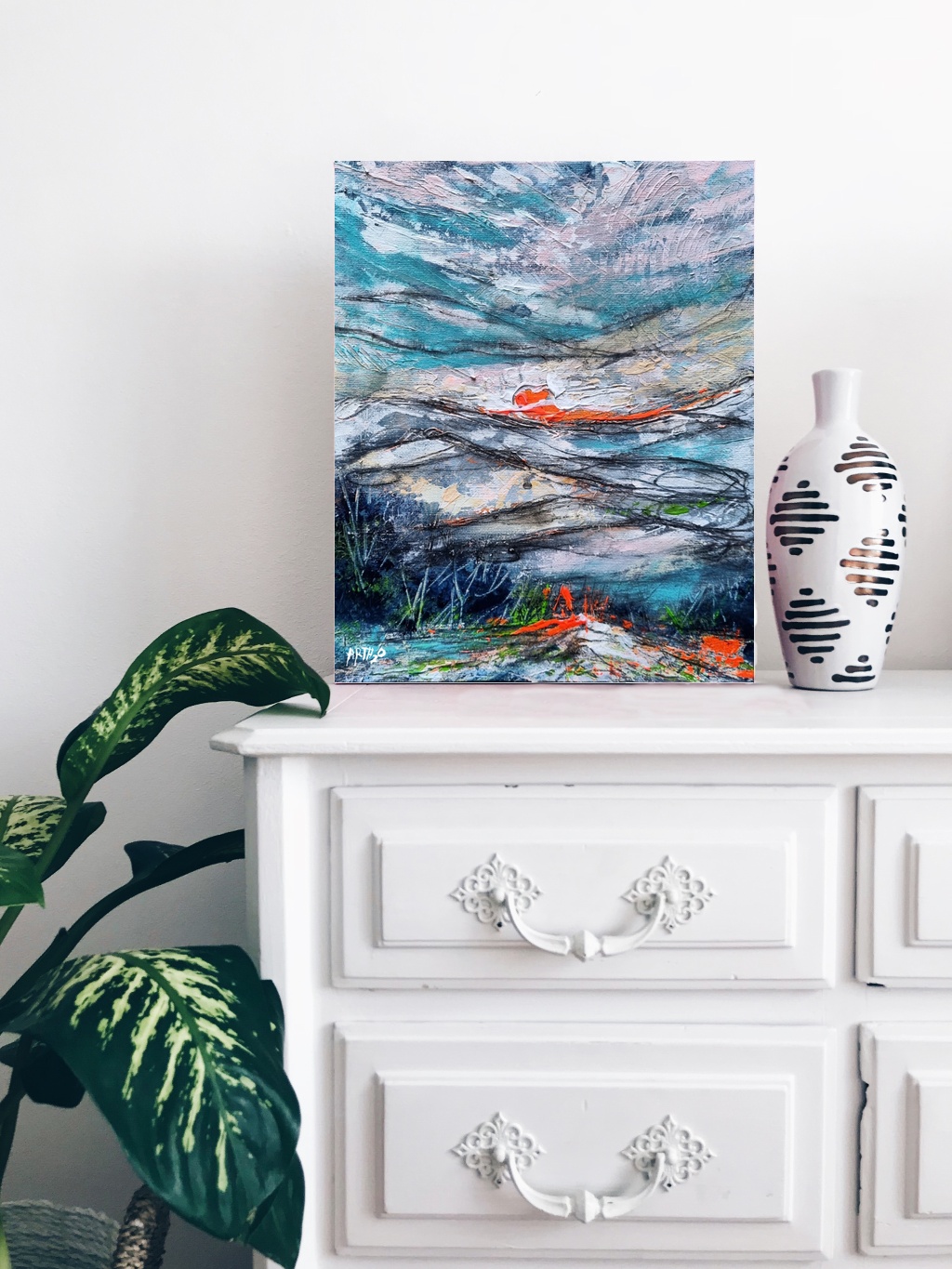 Pink and Teal Abstract Landscape — art on the wall, room interior preview 3