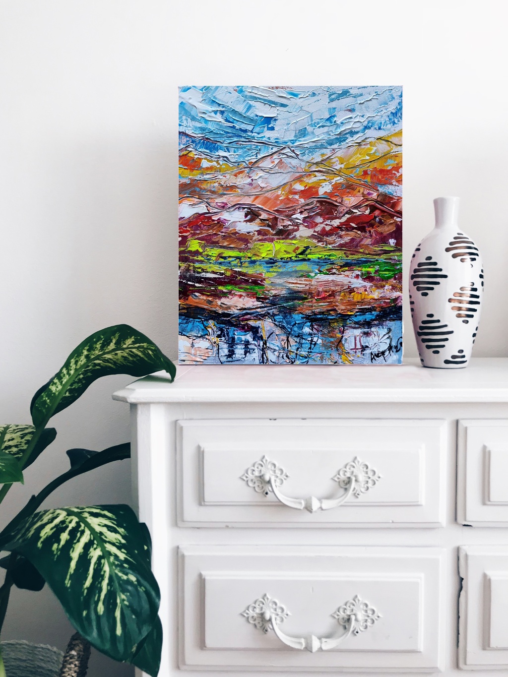 Blue and Red Abstract Highland Landscape — art on the wall, room interior preview 3