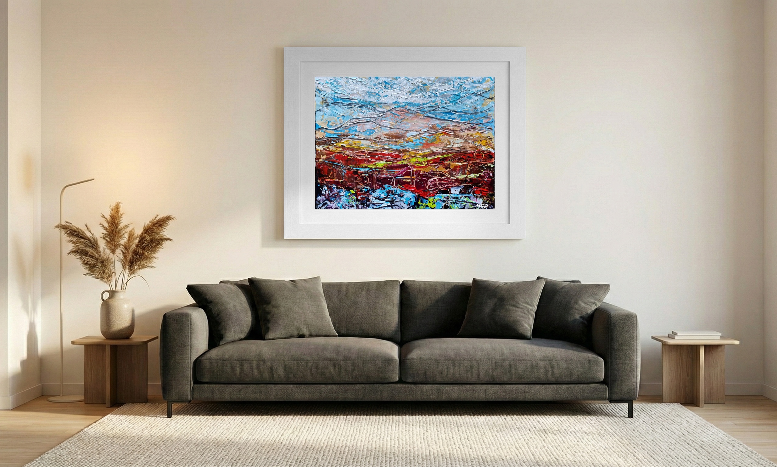Red and Blue Abstract Highland Beauty — art on the wall, room interior preview 1