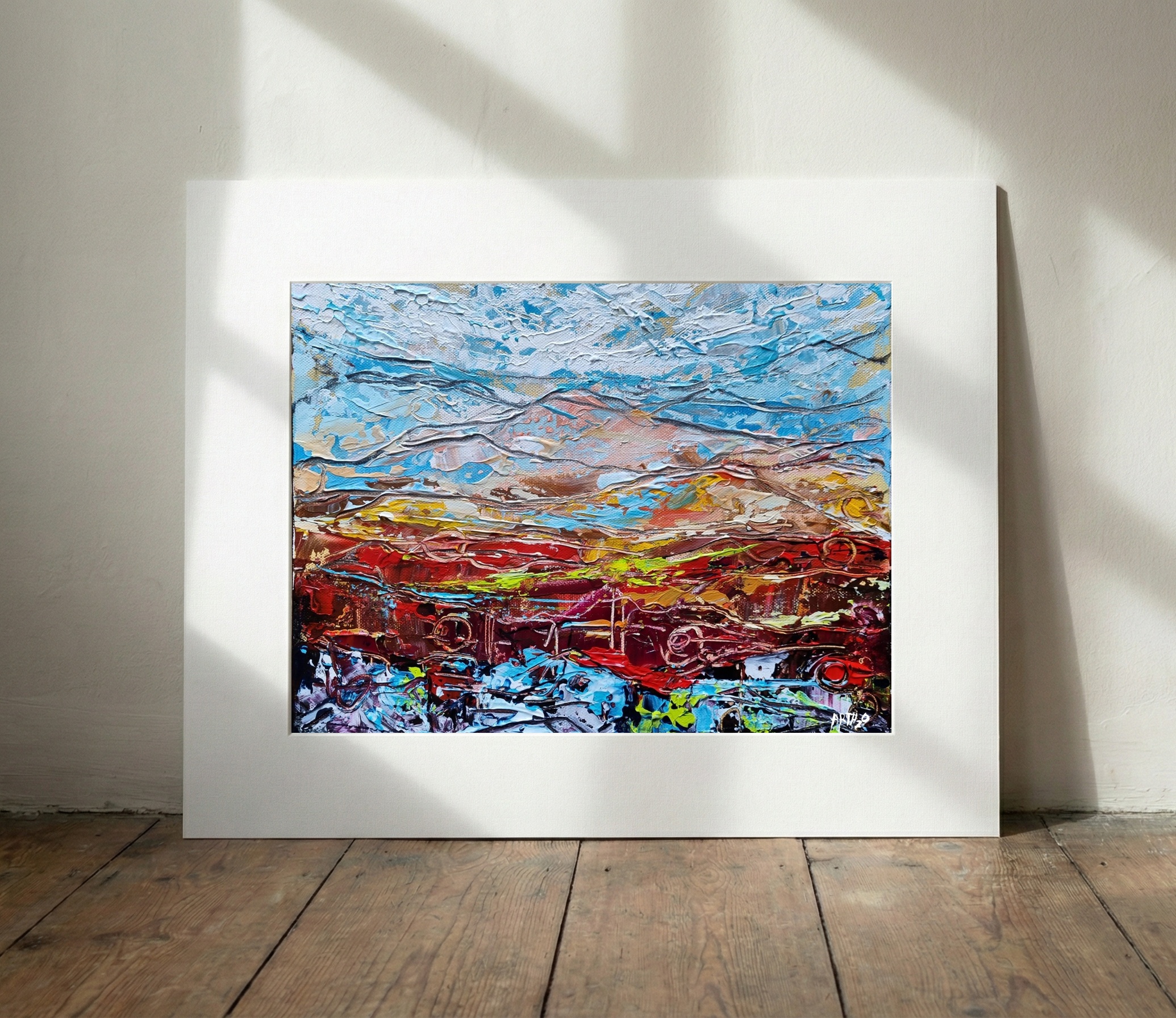 Red and Blue Abstract Highland Beauty — art on the wall, room interior preview 3