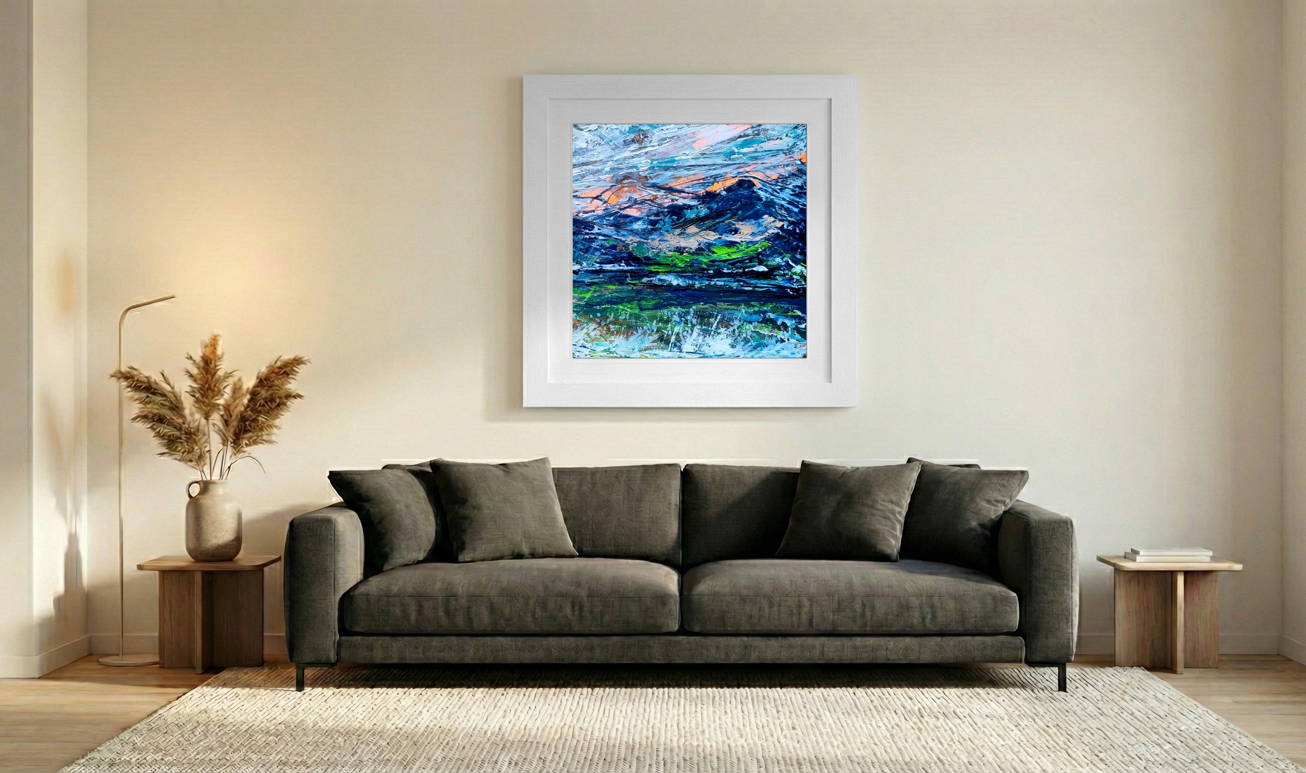 Vivid Orange and Green Abstract Landscape — art on the wall, room interior preview 3