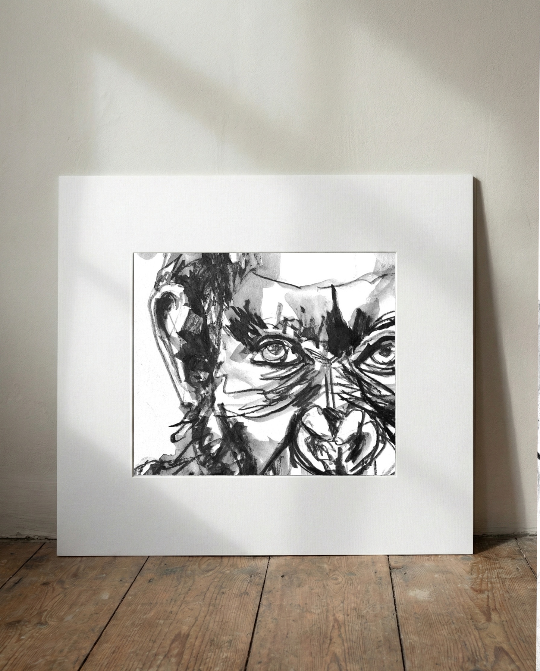 Soulful Primate Portrait in Monochrome — art on the wall, room interior preview 1