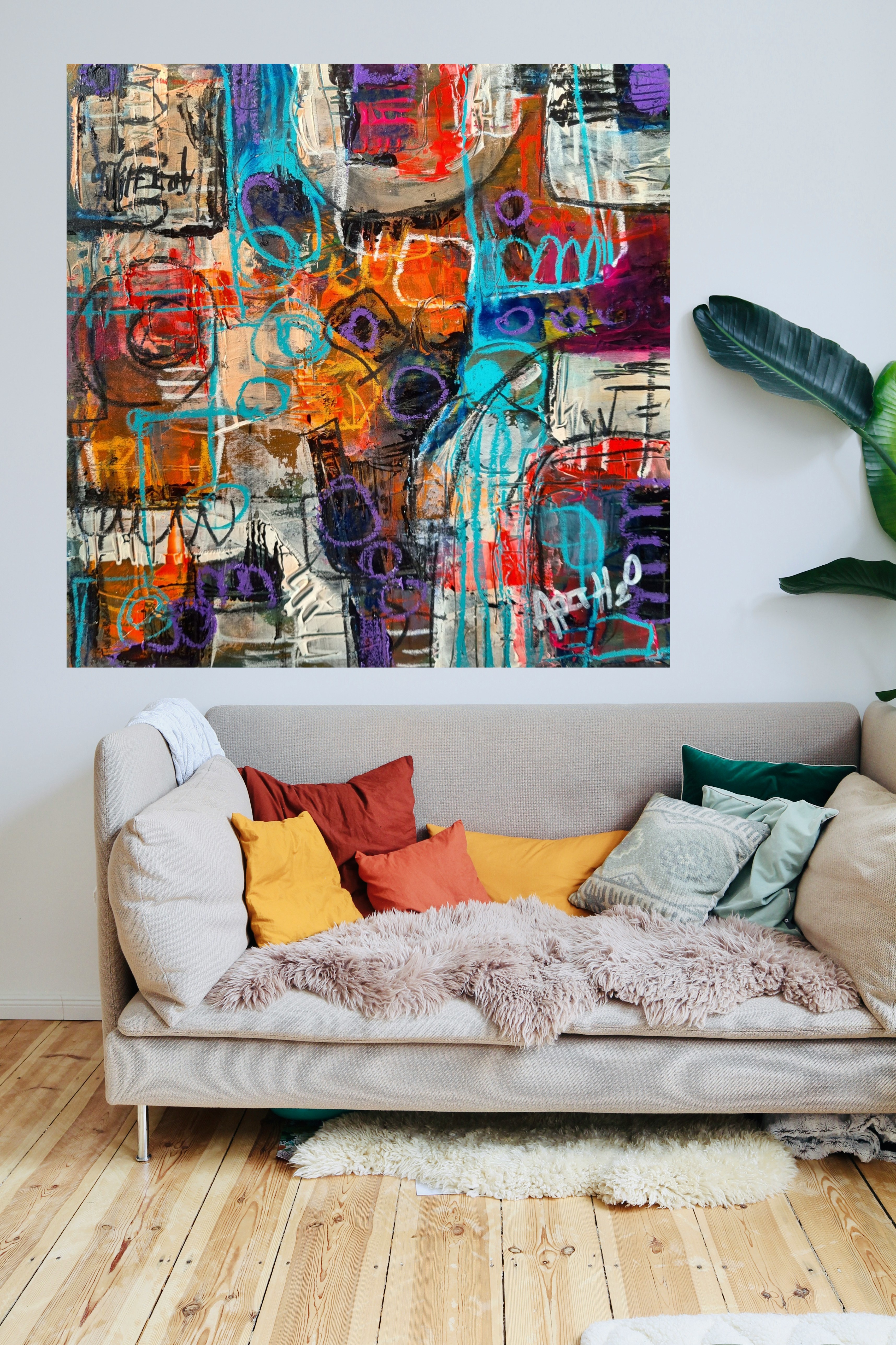 Energetic Urban Textures in Teal and Orange — art on the wall, room interior preview 2