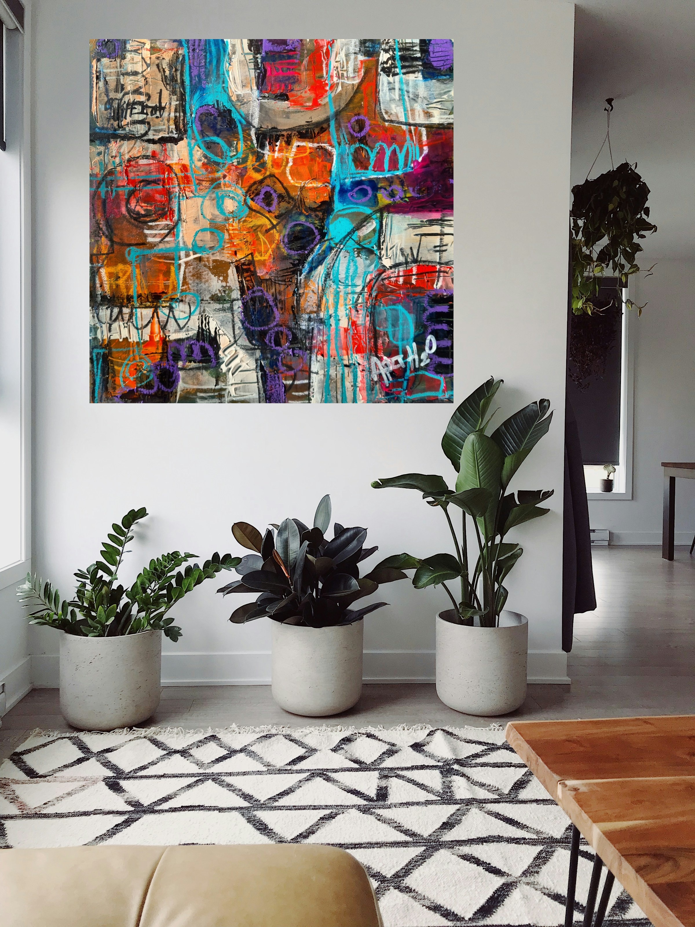 Energetic Urban Textures in Teal and Orange — art on the wall, room interior preview 3