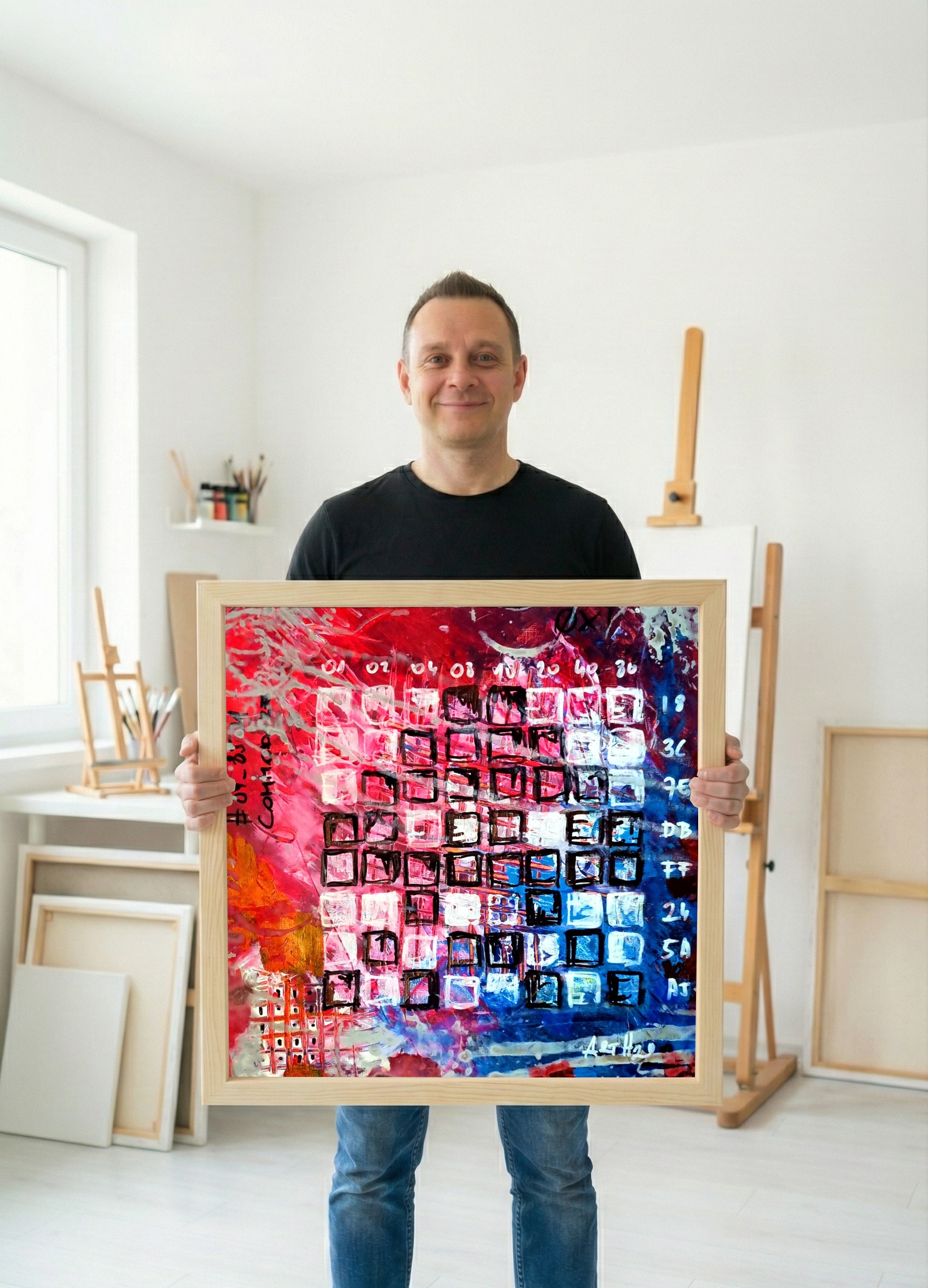 Retro 8-Bit Matrix in Red, Blue, and White — art on the wall, room interior preview 1