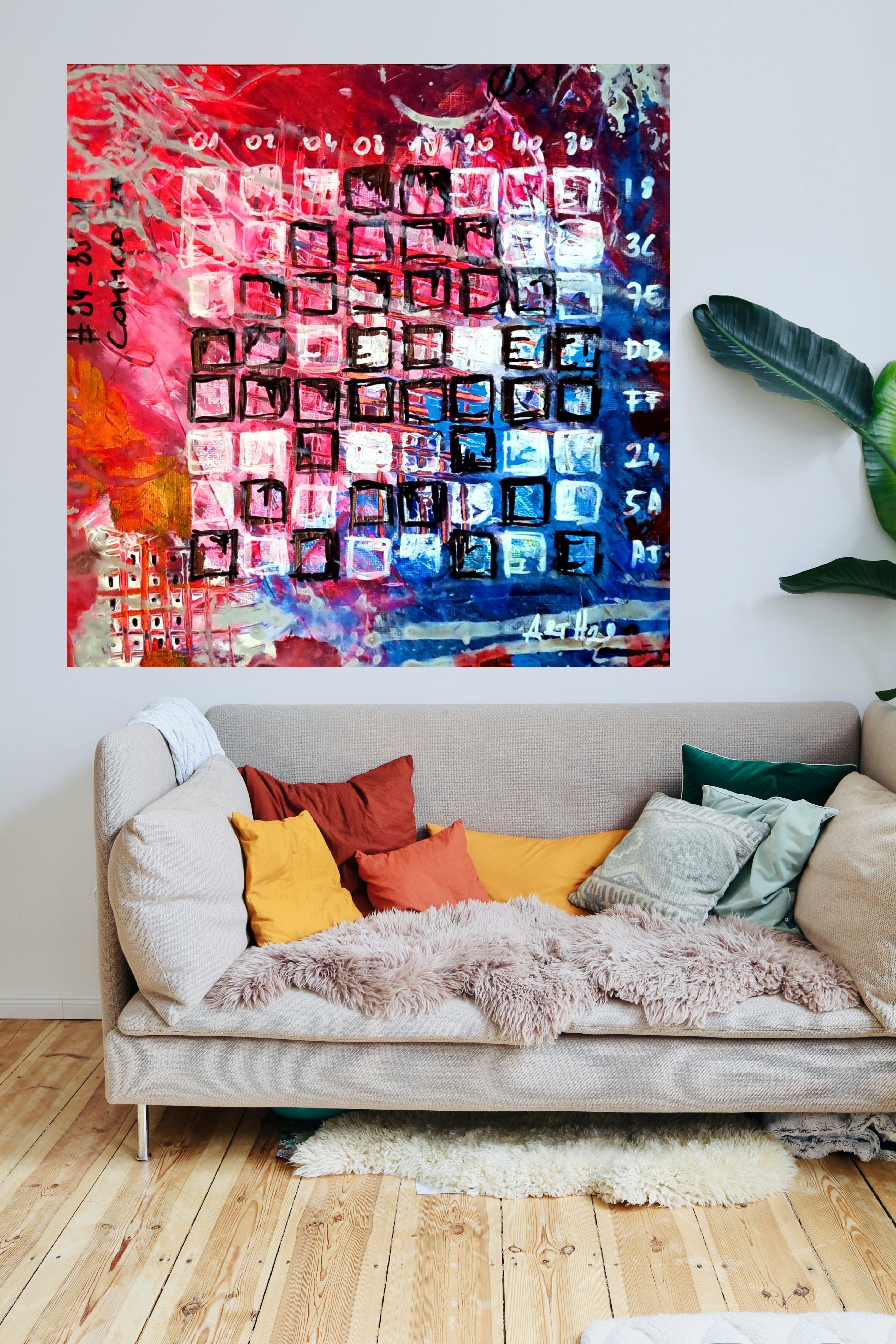 Retro 8-Bit Matrix in Red, Blue, and White — art on the wall, room interior preview 2