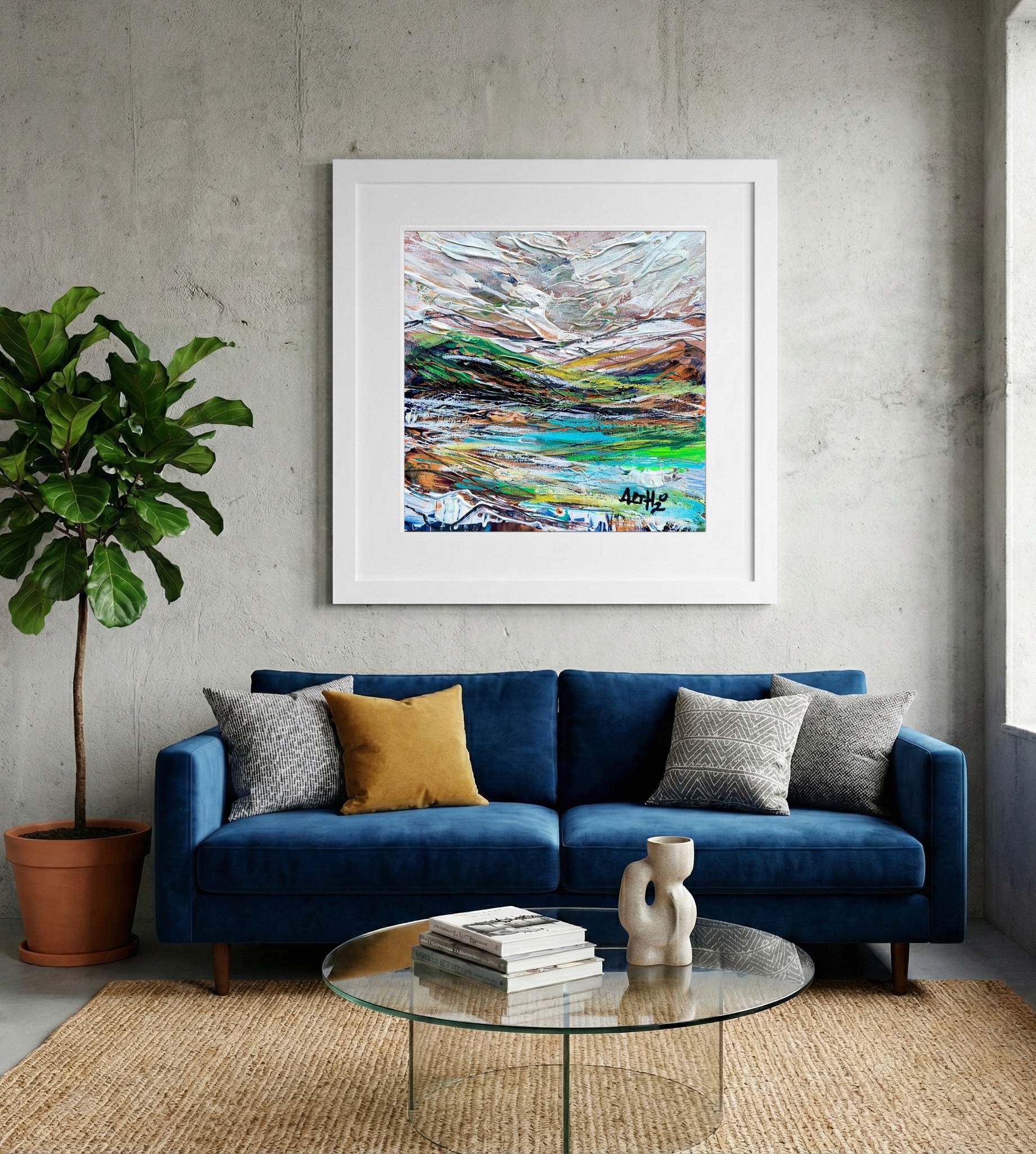 Emerald Coastal Scene in Vivid Greens — art on the wall, room interior preview 2